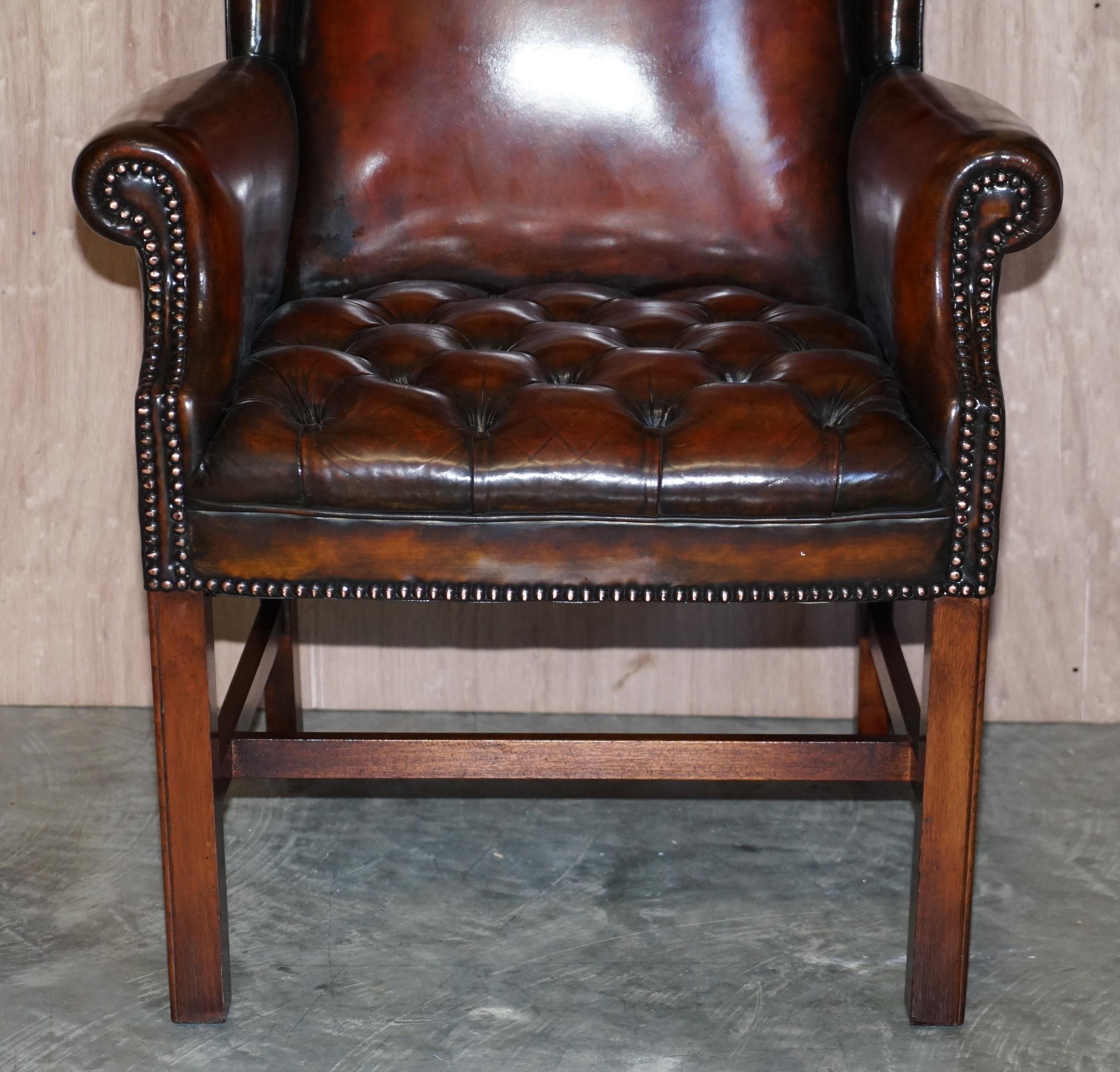 Luxury Pair of Restored Hand Dyed Brown Leather Chesterfield Wingback Armchairs For Sale 3