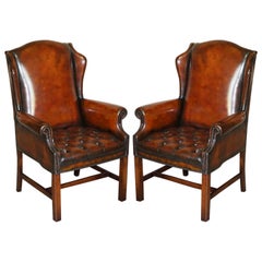 Luxury Pair of Restored Hand Dyed Brown Leather Chesterfield Wingback Armchairs