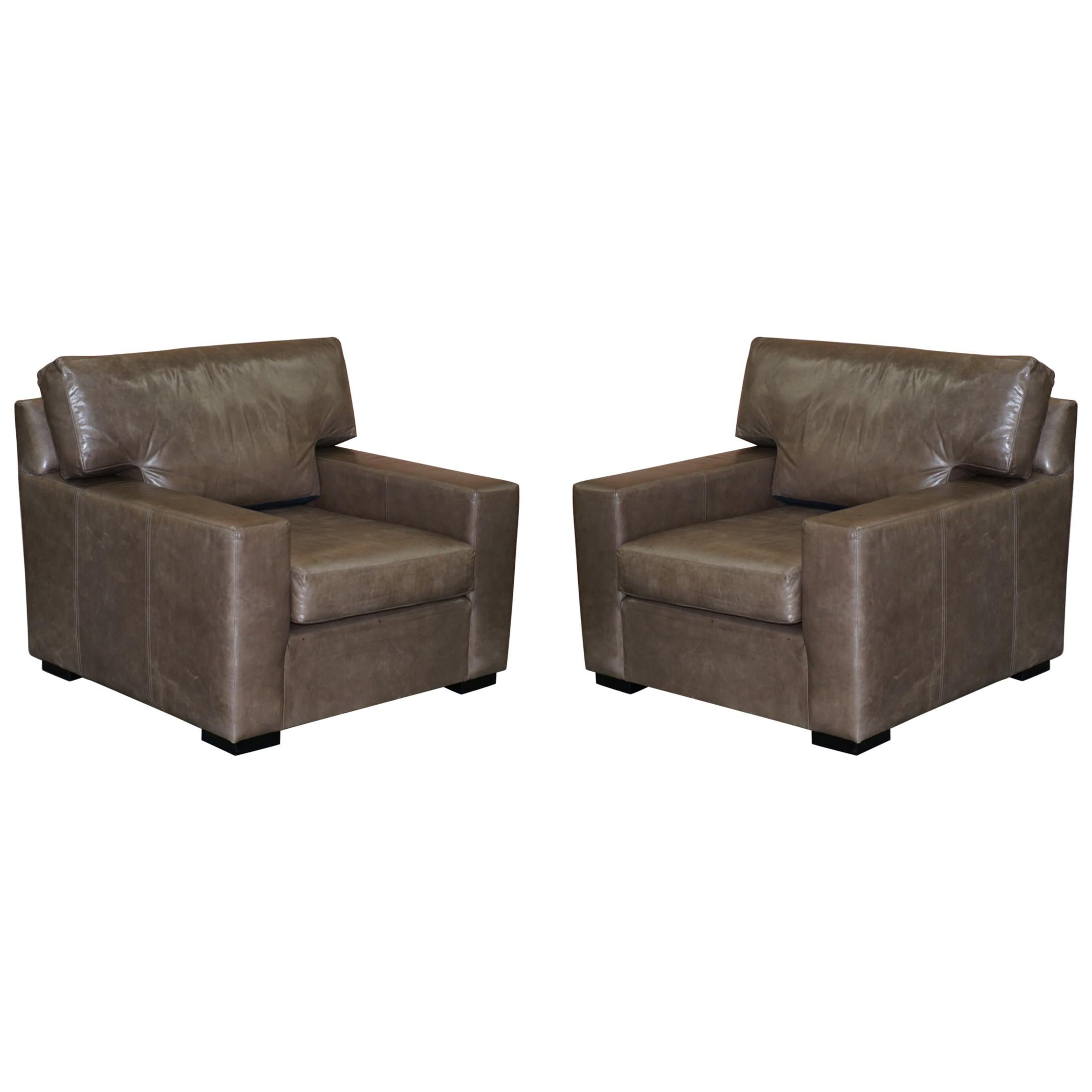 Luxury Pair of Very Large Designer Grey Leather Armchairs or Love Seats For Sale