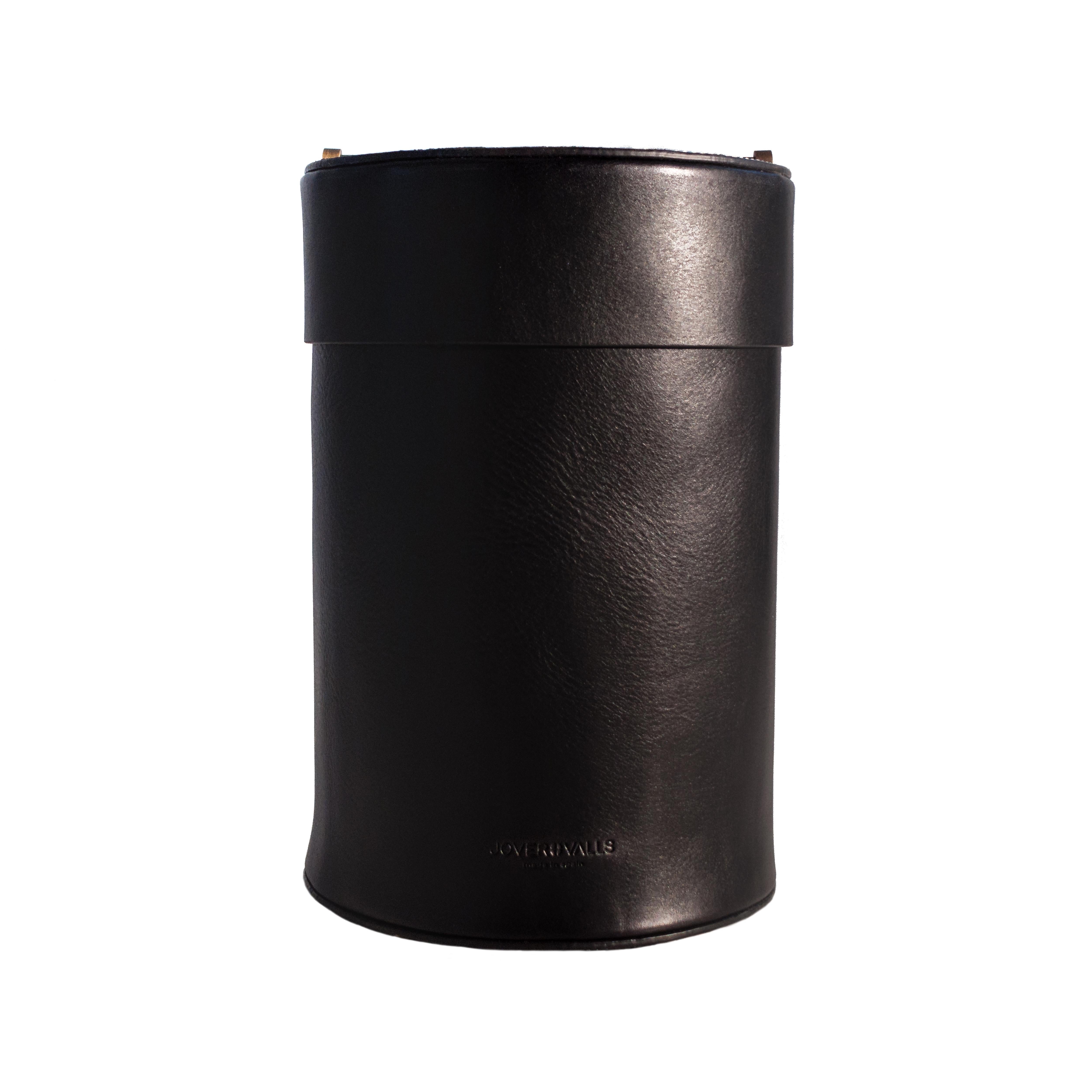 Spanish Luxury Paper Bin Handcrafted in Black Cowhide Leather with Brass Details For Sale