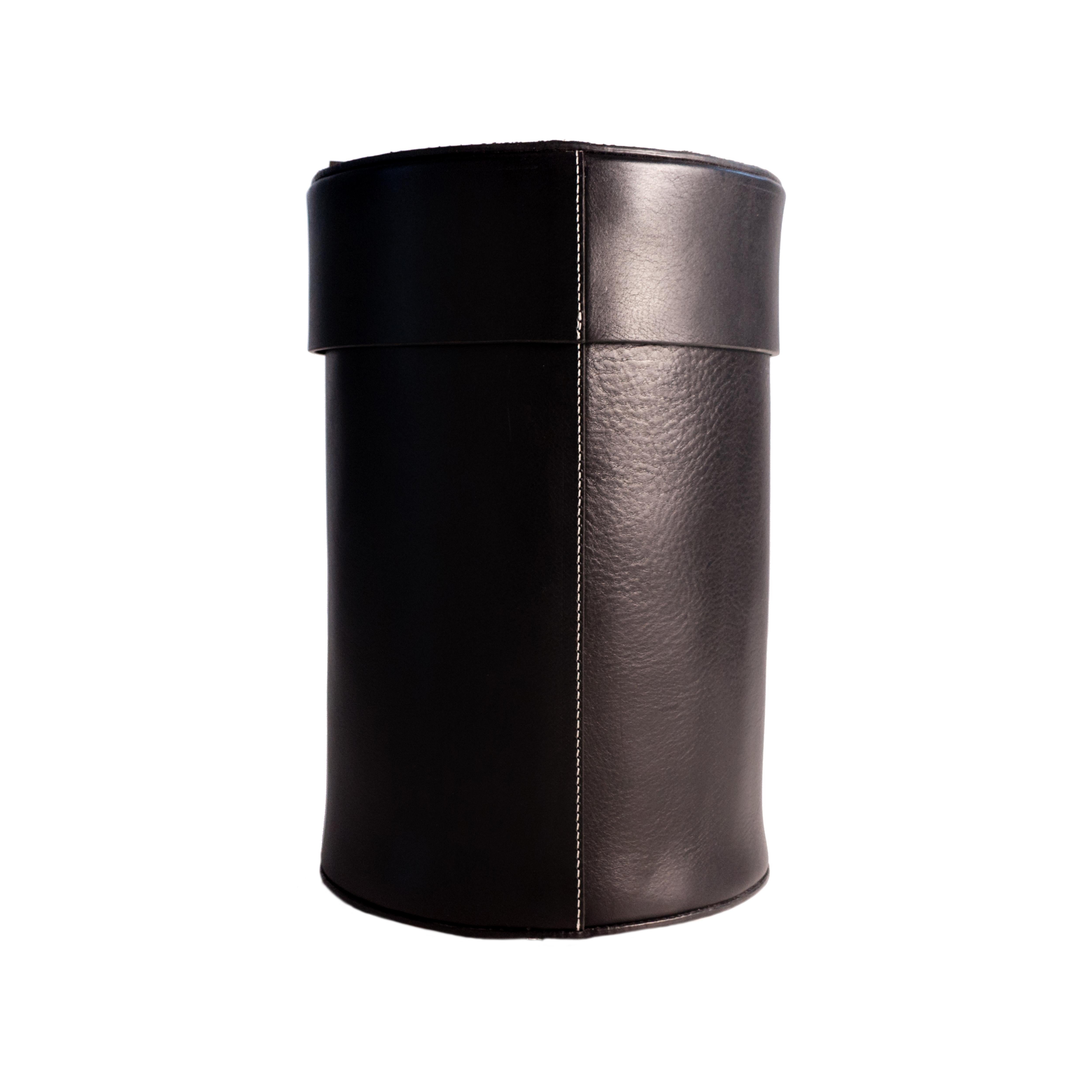 Hand-Crafted Luxury Paper Bin Handcrafted in Black Cowhide Leather with Brass Details For Sale