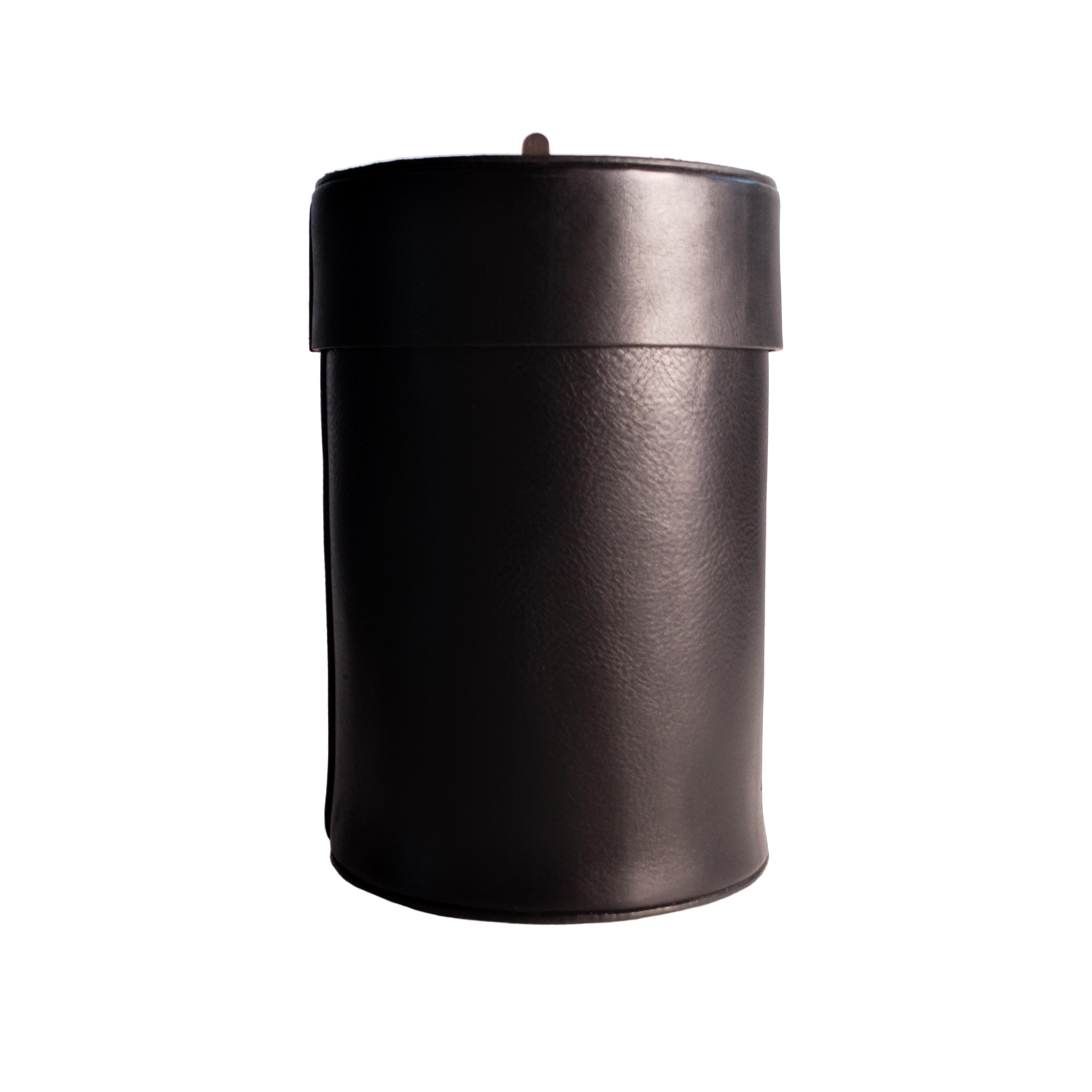 Luxury Paper Bin Handcrafted in Black Cowhide Leather with Brass Details For Sale