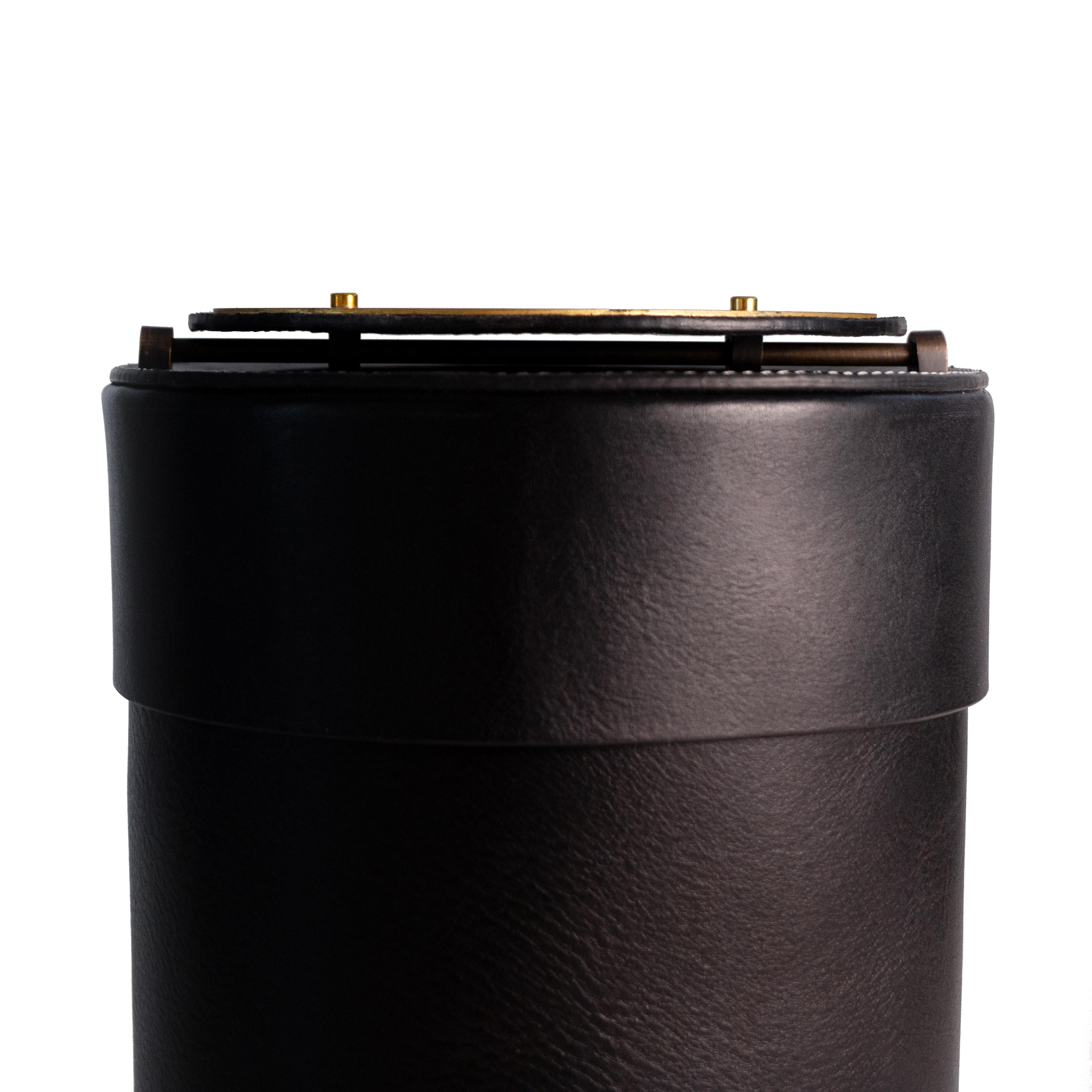 Contemporary Luxury Paper Bin Handcrafted in Black Cowhide Leather with Brass Details For Sale