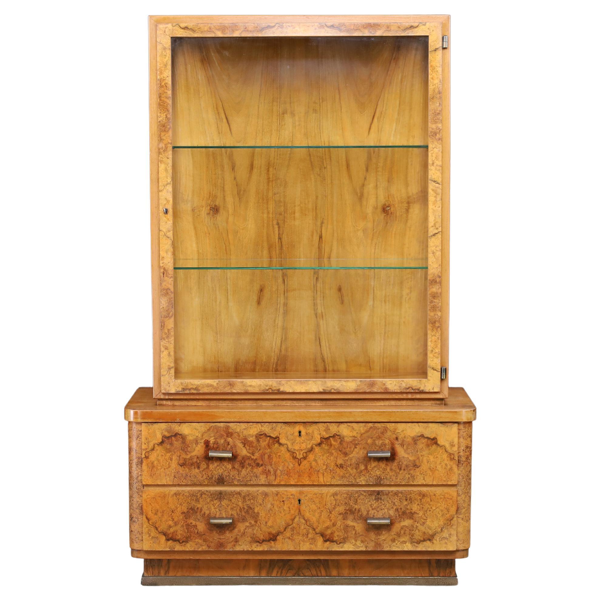 Luxury Parisian Art Deco Burl Walnut Display Cabinet with Brass Hardware, 1930s For Sale