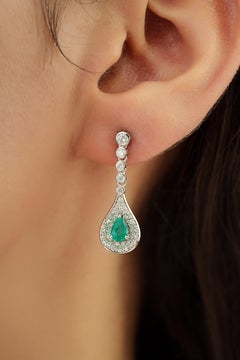 Luxury Pear Cut Zambian Emerald & Diamond Halo Drop Earrings in 14K White Gold