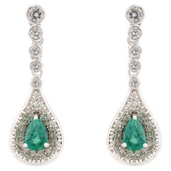 Luxury Pear Cut Zambian Emerald & Diamond Halo Drop Earrings in 14K White Gold
