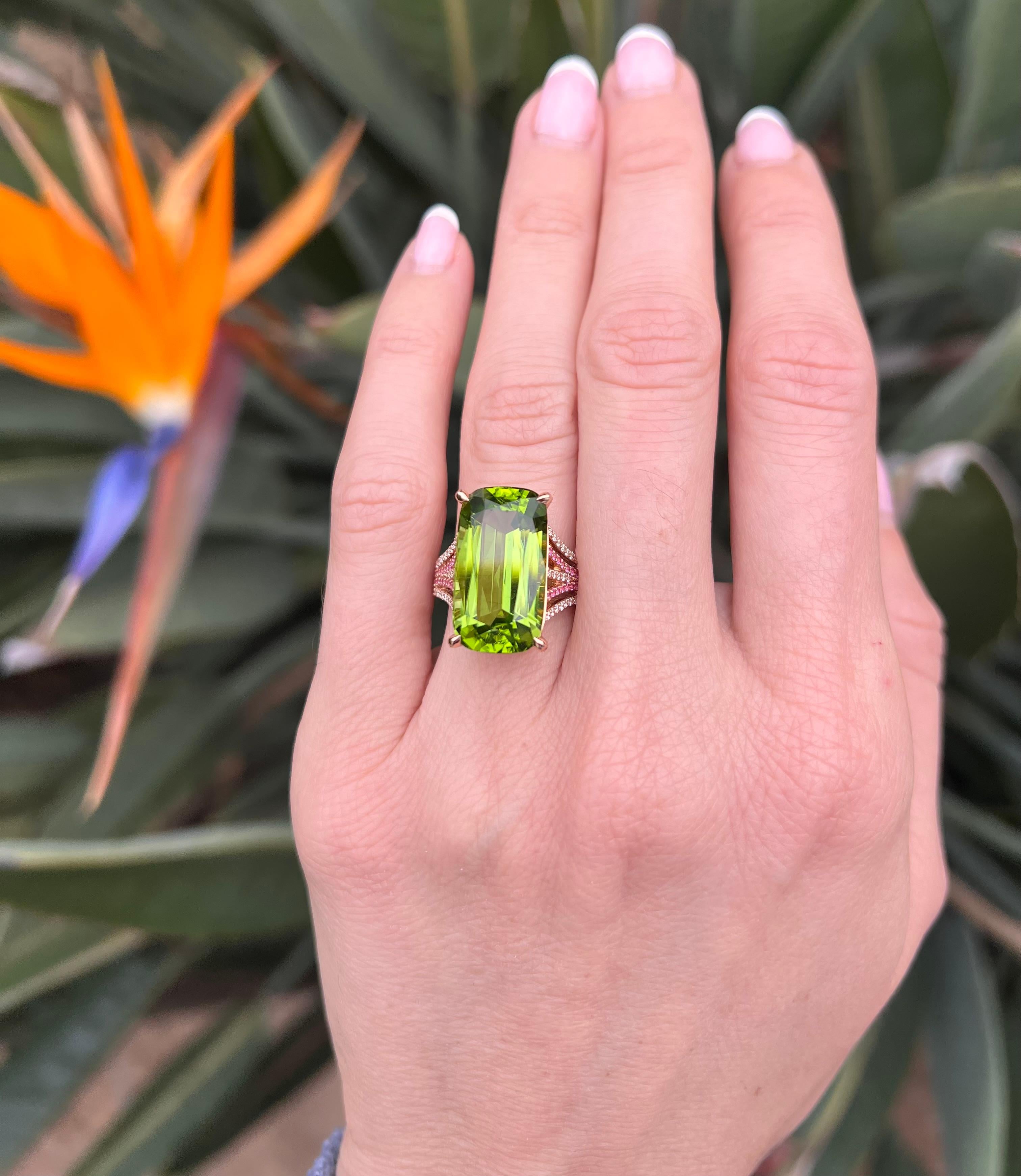 Contemporary Luxury Peridot Cushion Cocktail Rings Luxury Gemstone Merkaba Beverly Hills For Sale