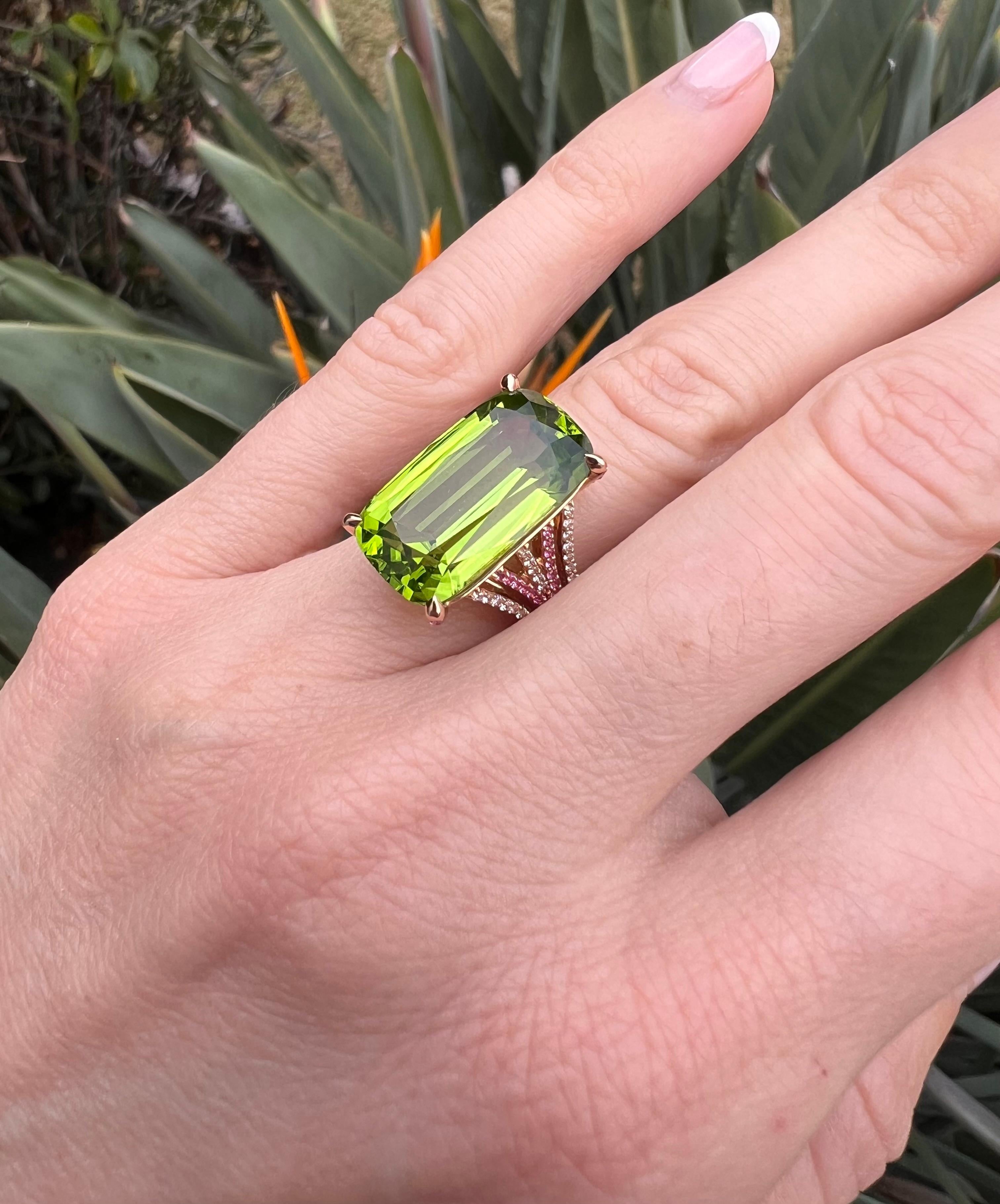 Women's Luxury Peridot Cushion Cocktail Rings Luxury Gemstone Merkaba Beverly Hills For Sale