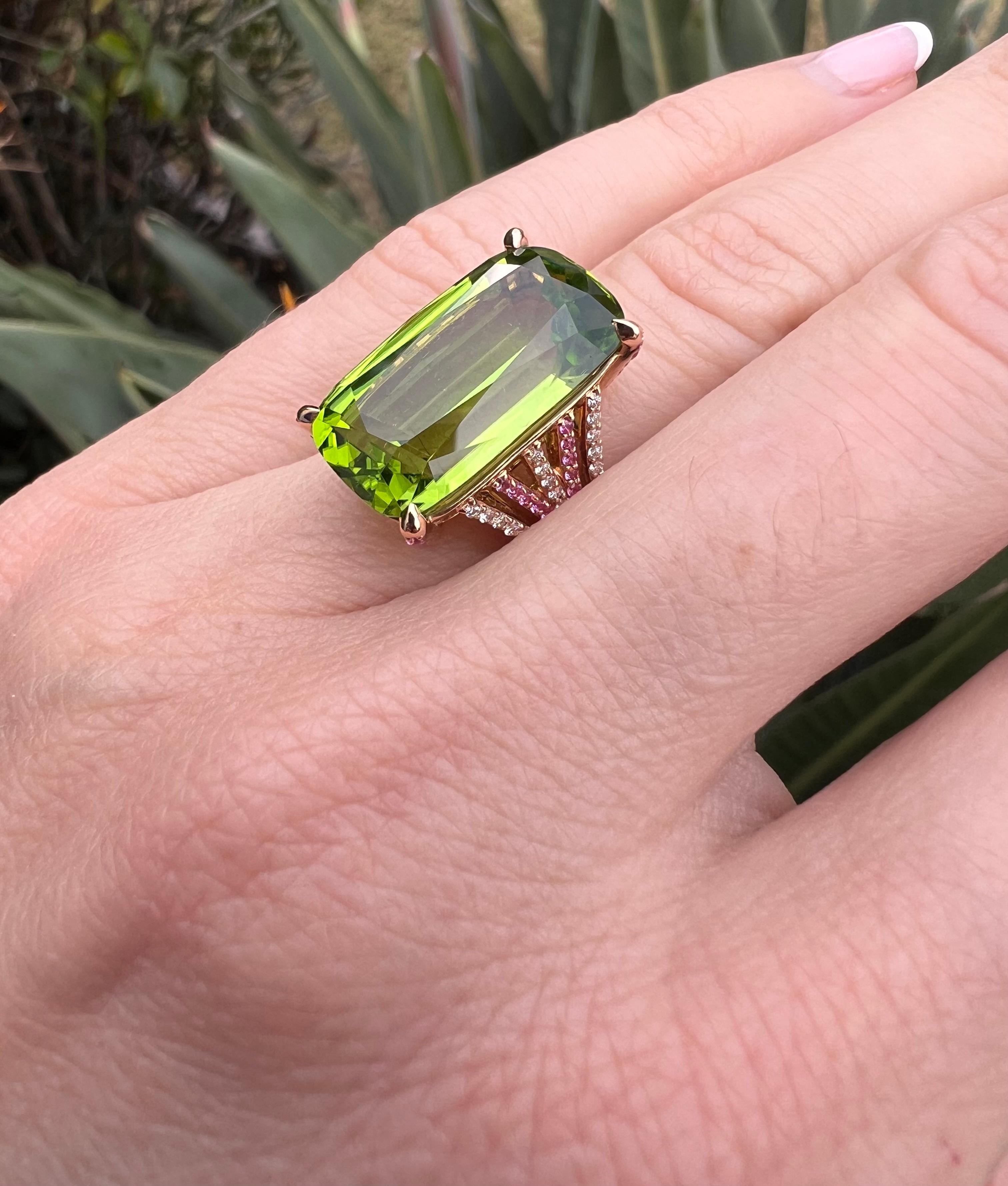 Luxury Peridot Cushion Cocktail Rings Luxury Gemstone Merkaba Beverly Hills For Sale 1