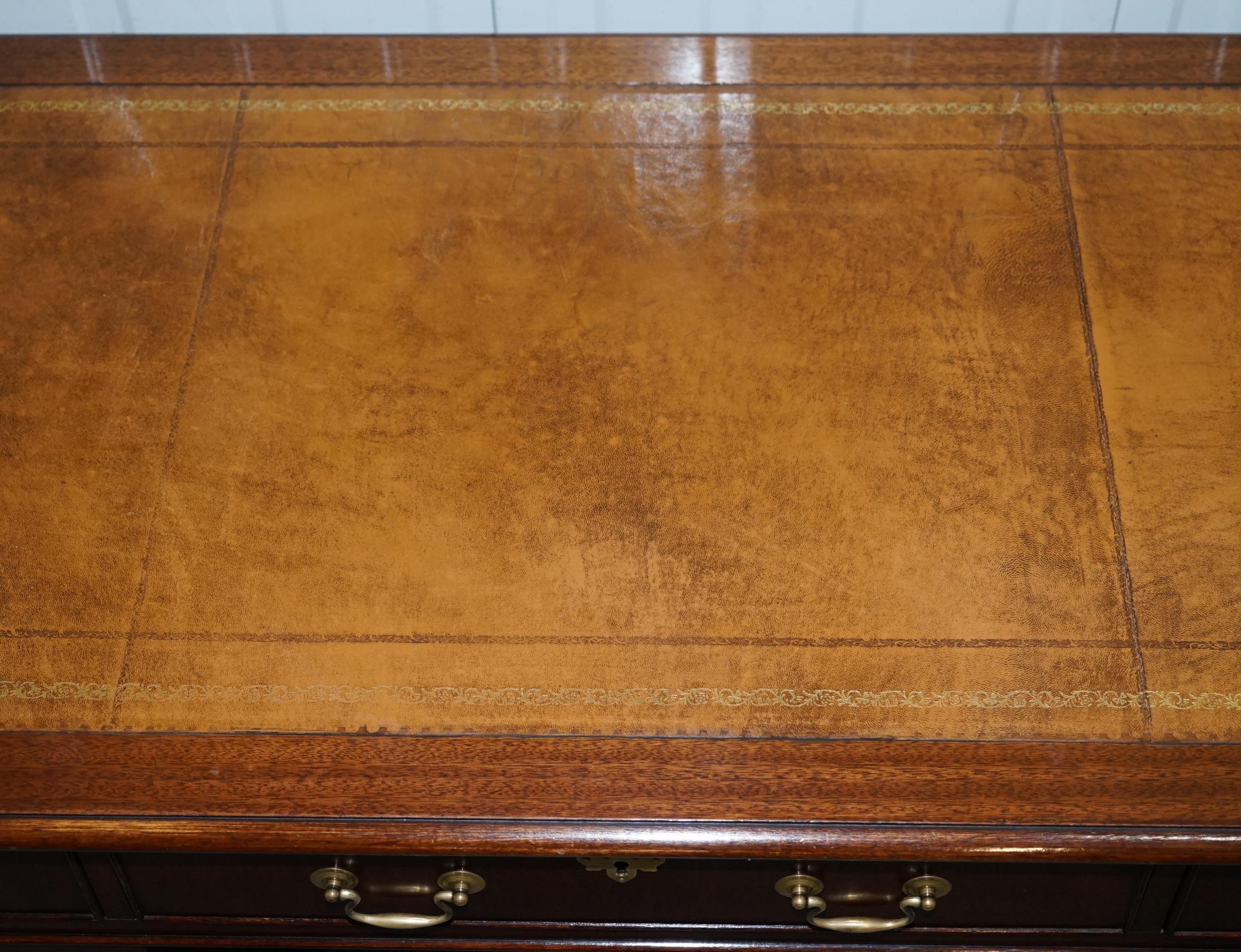 20th Century Luxury Premium Brown Leather Flamed Mahogany Twin Pedestal Partner Desk England
