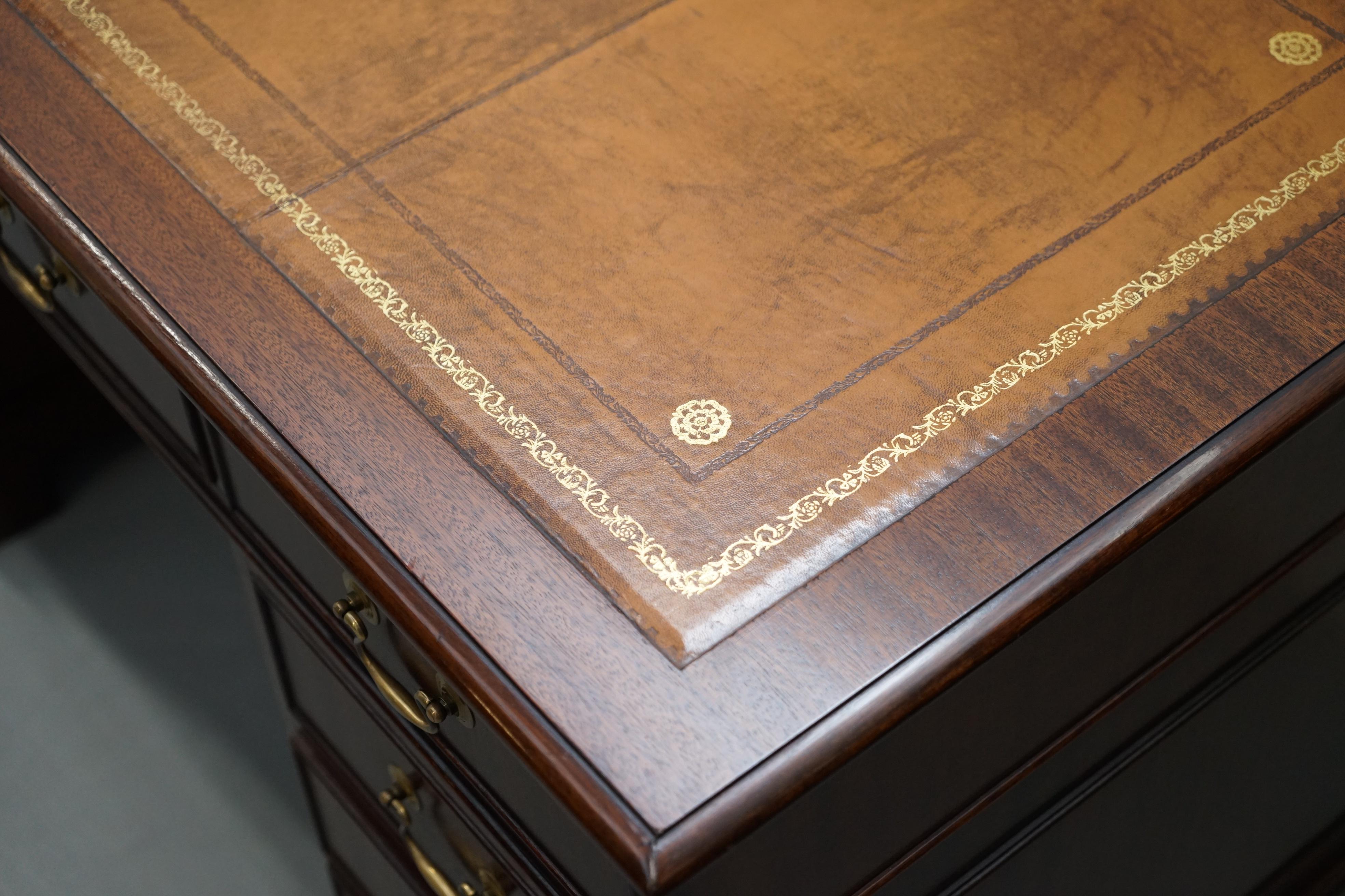 Luxury Premium Brown Leather Flamed Mahogany Twin Pedestal Partner Desk England 2