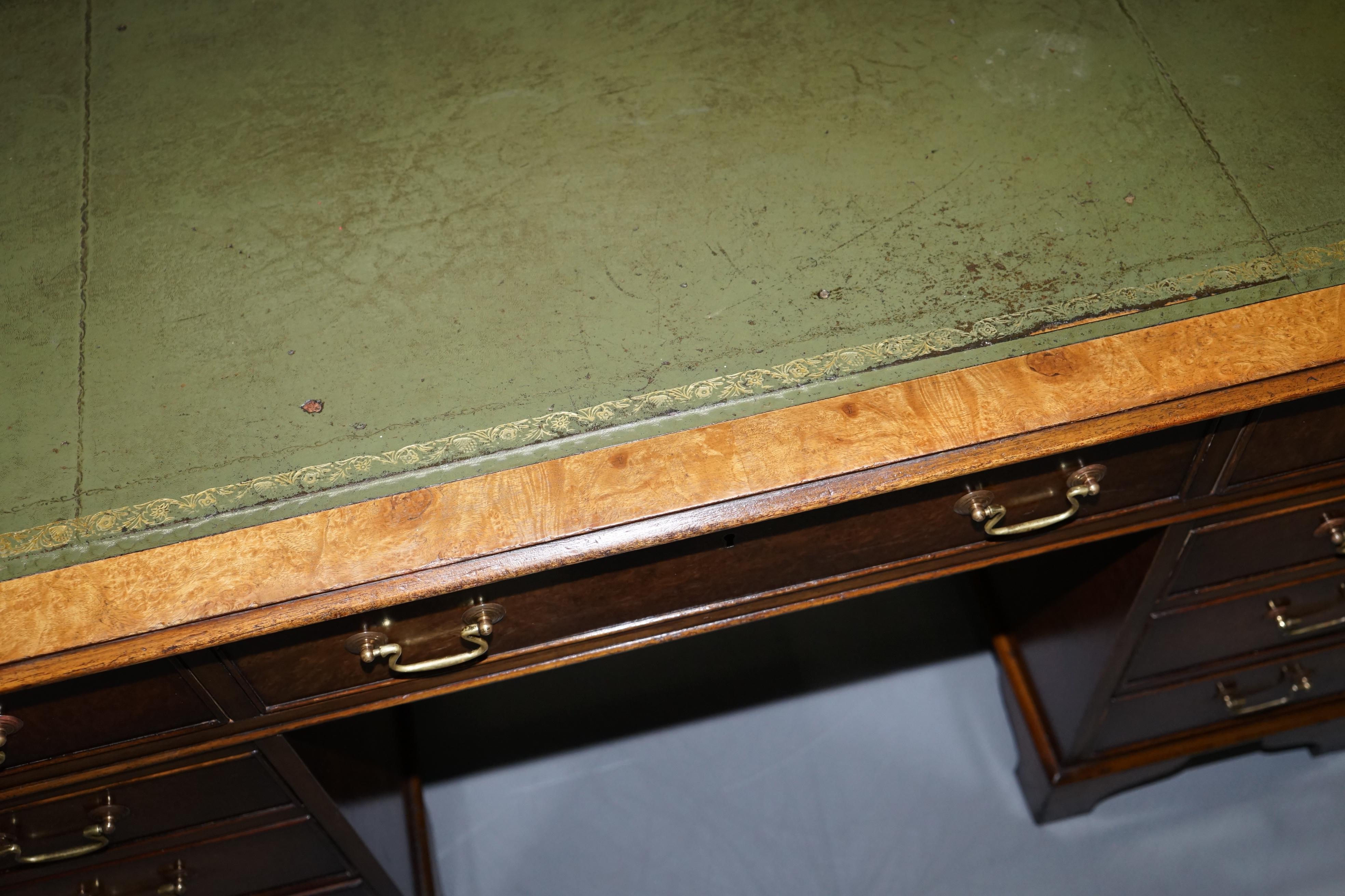 Luxury Premium Burr Walnut Twin Pedestal Partner Desk Green Leather Gold Leaf 6