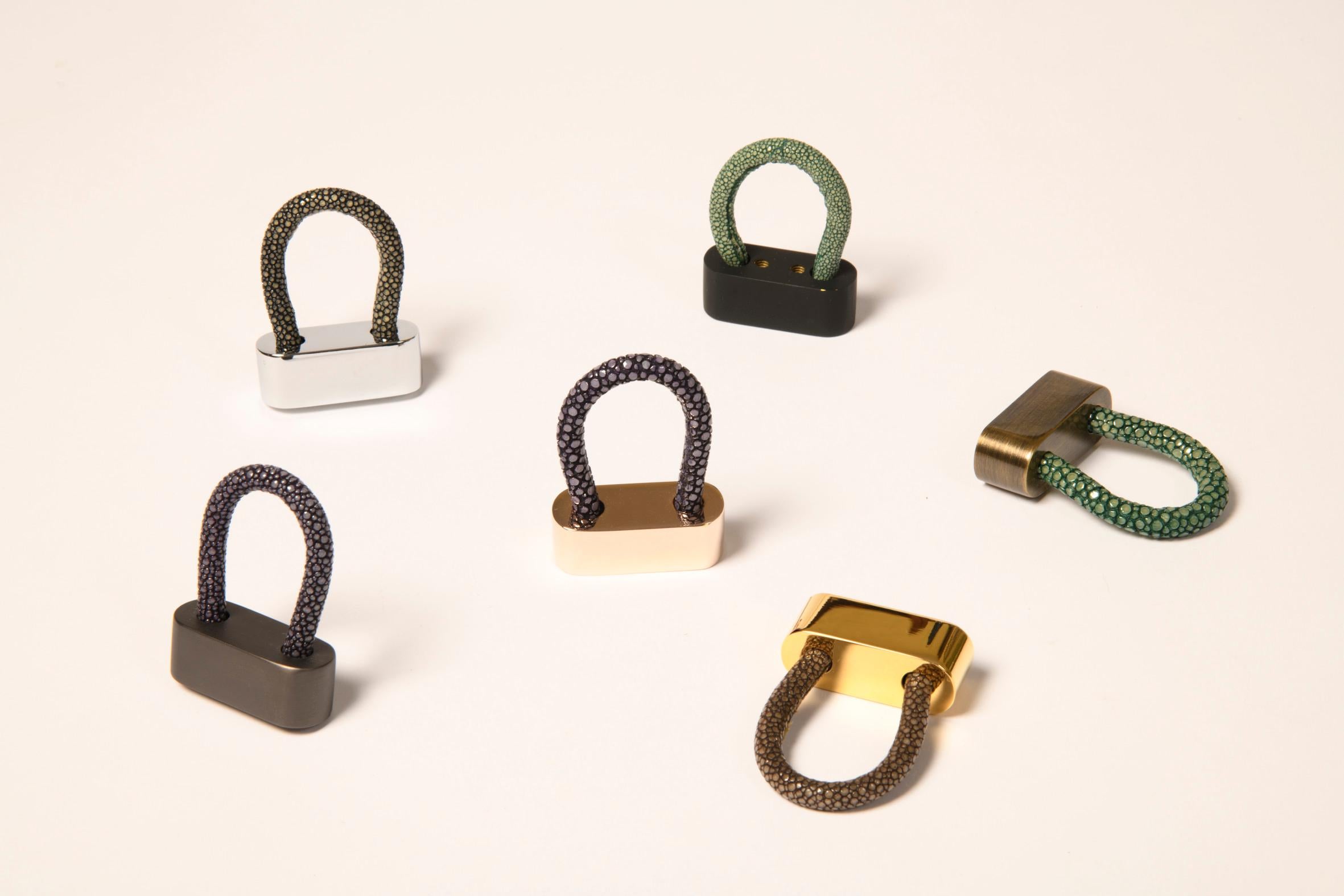Turned Luxury Pull Handle, Various Metal & Leather Color Finishes Padlock Shape. Black  For Sale