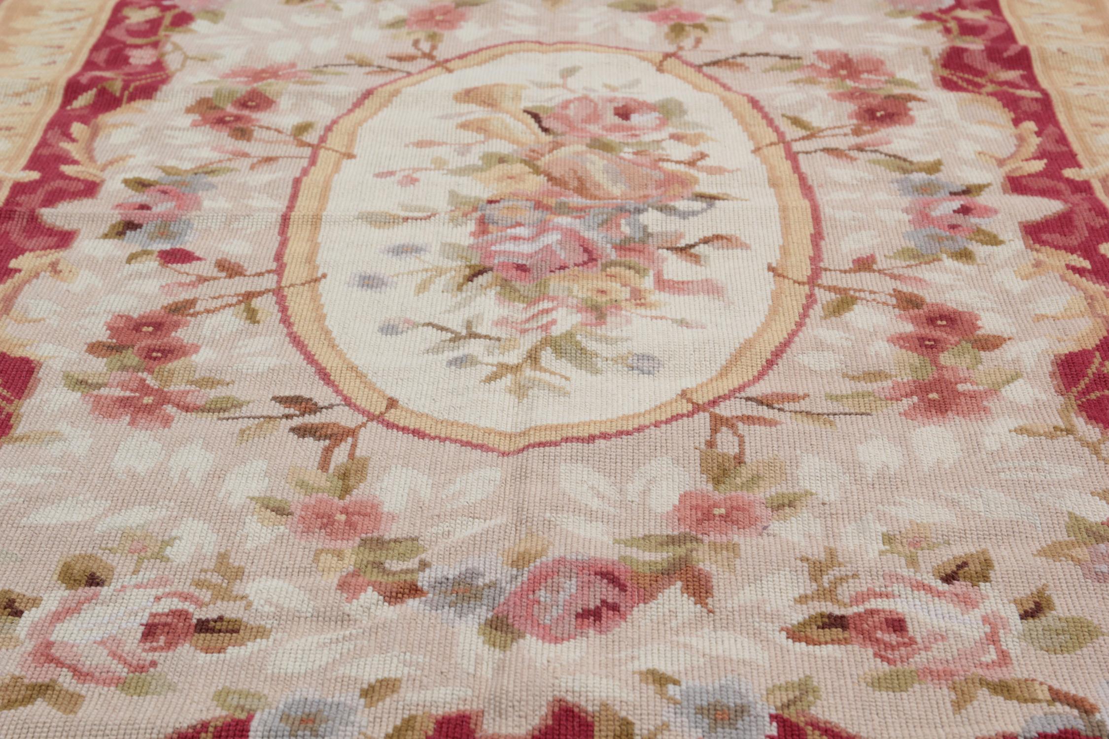 Chinese Luxury Red Rug, Floral Aubusson Style Rugs, Needlepoint Carpet Flat-Weave Rug