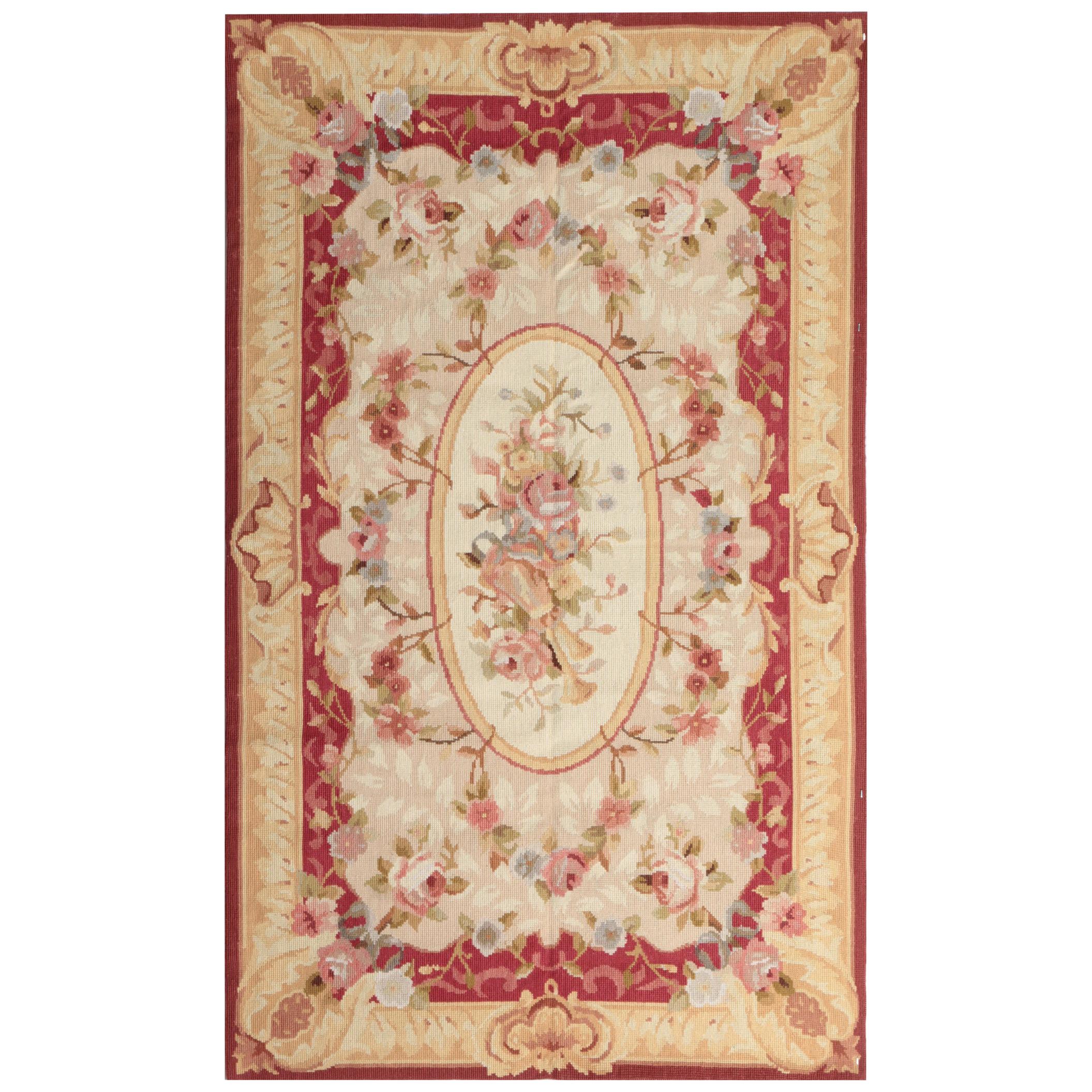 Luxury Red Rug, Floral Aubusson Style Rugs, Needlepoint Carpet Flat-Weave Rug