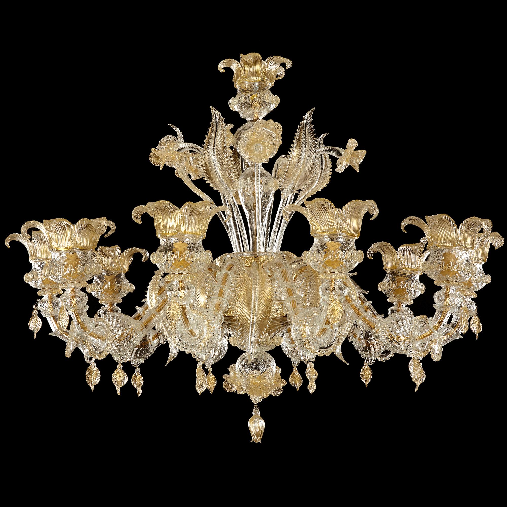 The Murano glass chandelier Regale is a romantic lighting work, inspired from the luxurious halls of the venetian buildings on the Canal Grande.
The colors, the floral decorations, the Rezzonico arms, the pendant elements… all the characteristics of
