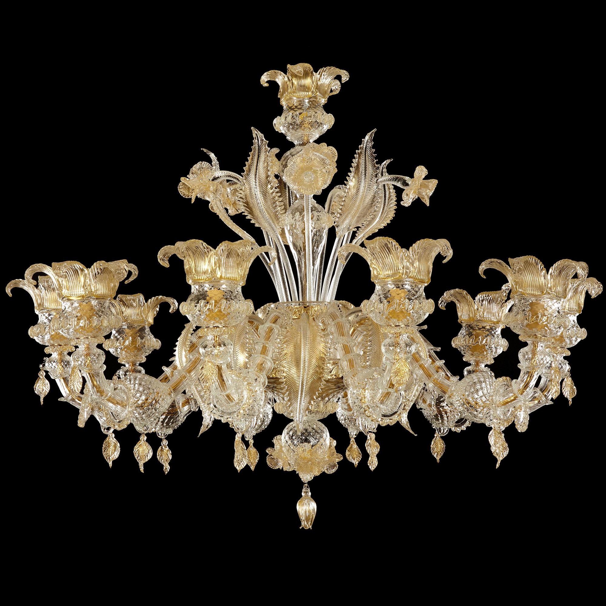 Il lampadario in vetro di Murano Regale è un'opera di illuminazione romantica, ispirata ai lussuosi saloni dei palazzi veneziani sul Canal Grande.
I colori, le decorazioni floreali, i bracci Rezzonico, gli elementi pendenti... tutte le