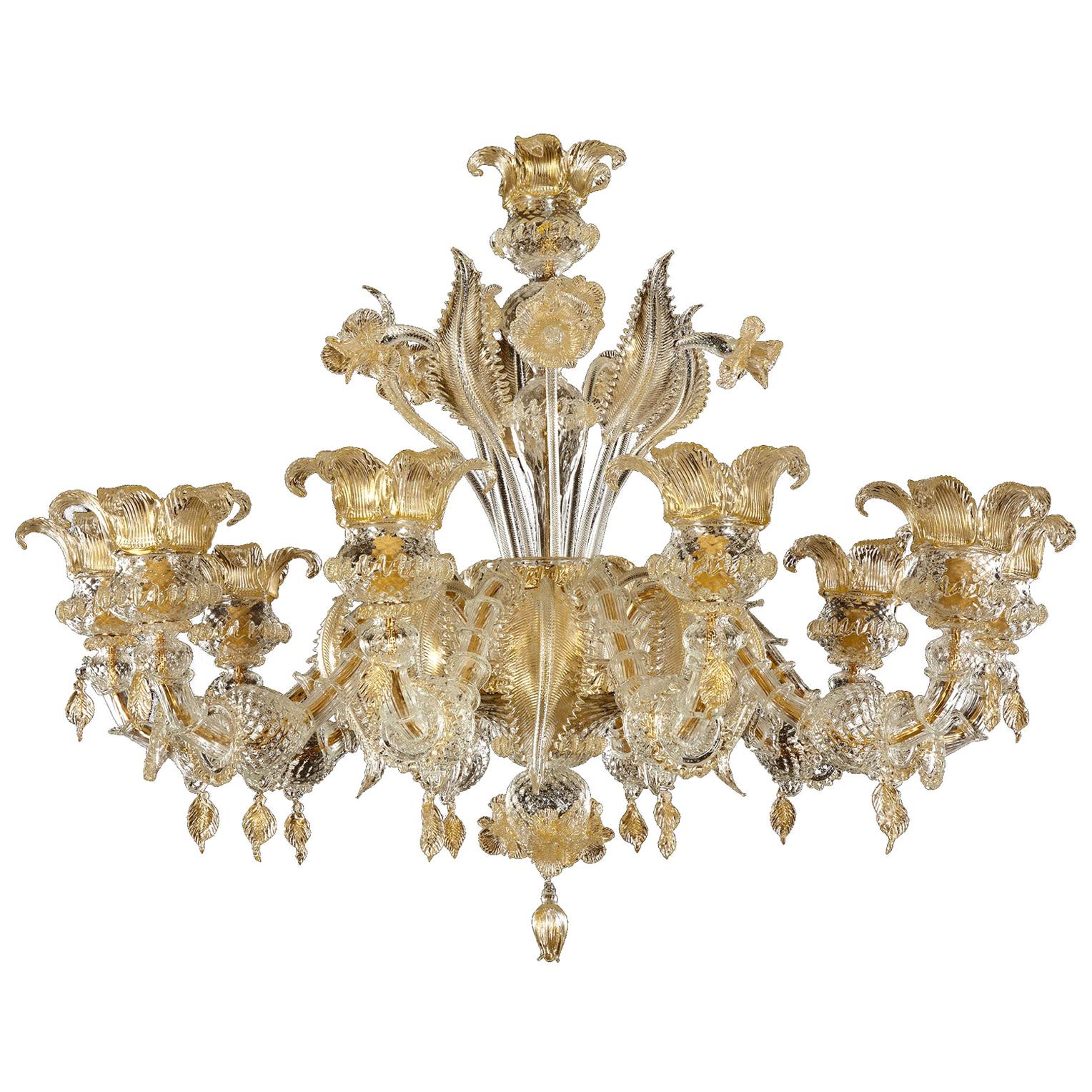 Luxury Rezzonico Chandelier 10 Arms Clear and Gold Murano Glass by Multiforme