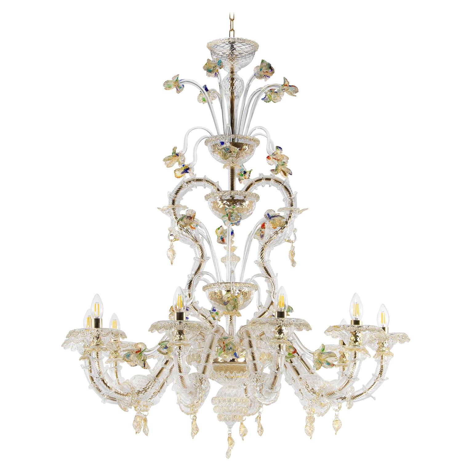 Luxury Rezzonico Chandelier 10 Arms Clear Gold Murano Glass Multiforme For Sale