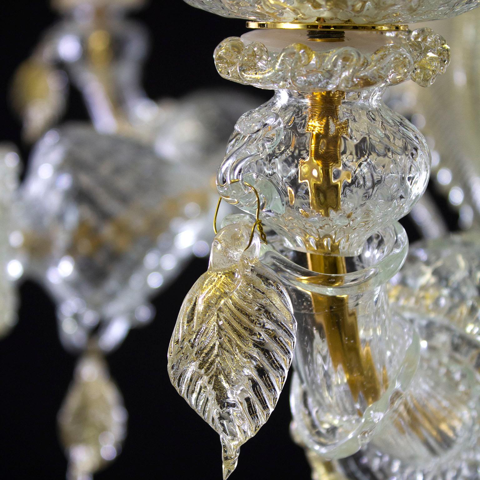 Blown Glass Luxury Rezzonico Chandelier 12 Arms, clear and gold Murano glass by Multiforme For Sale