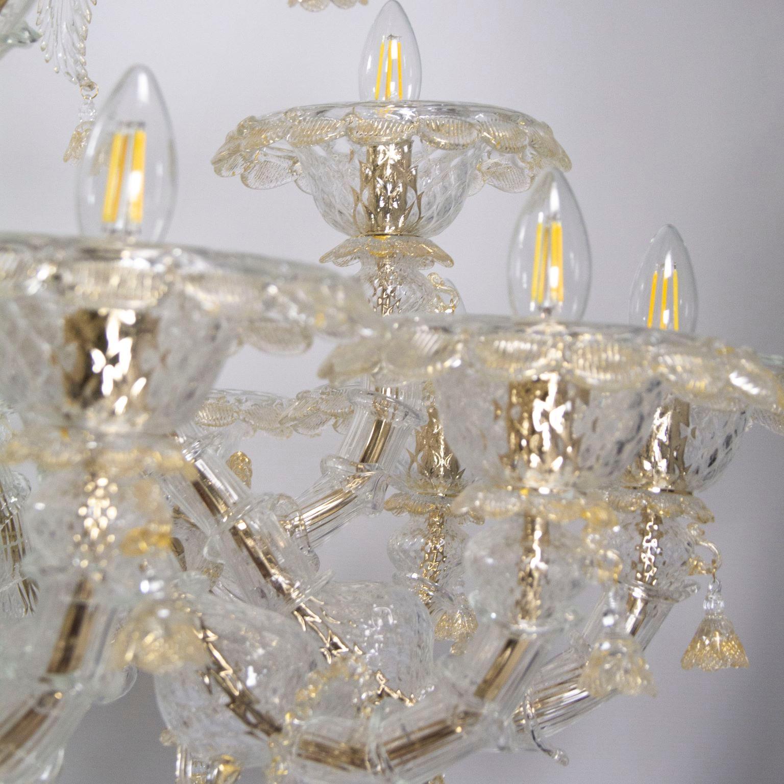 Luxury Rezzonico-Kronleuchter mit 15 Armen aus Kristall-Goldglas, von Multiforme  (Geblasenes Glas) im Angebot