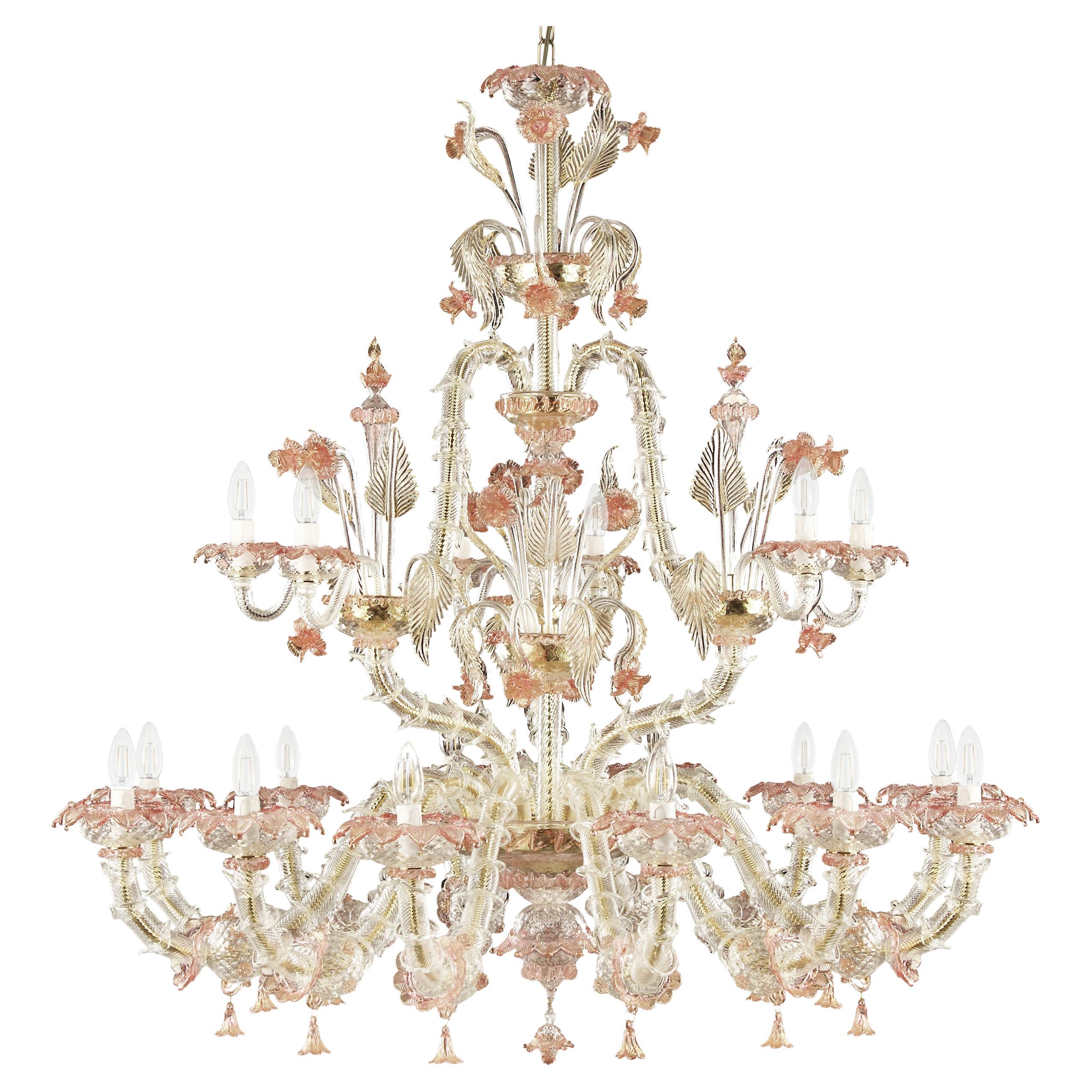 Lujosa Araña Rezzonico 12+6 Brazos Cristal de Murano Multicolor Transparente, Multiforme