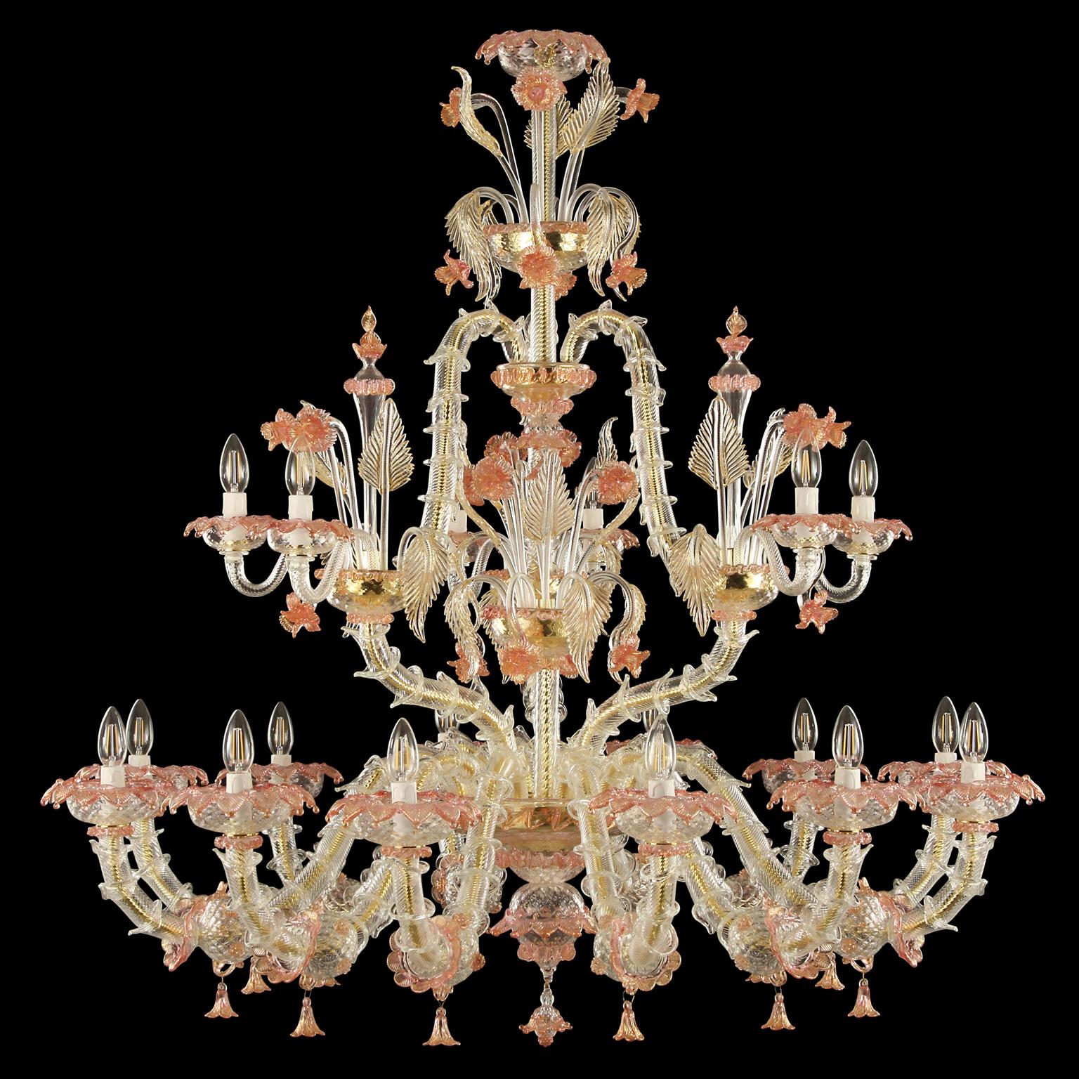 The Murano glass chandelier in Rezzonico style is a romantic lighting work, inspired from the luxurious halls of the Venetian buildings on the Canal Grande.
The colors, the floral decorations, the Rezzonico arms, the pendant elements… all the