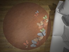 Luxury Round Hand Knotted Butterfly Nepalese Rug. Wool & Silk. Light Brown