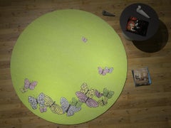 Luxury Round Hand Knotted Butterfly Nepalese Rug. Wool & Silk. Lime Green
