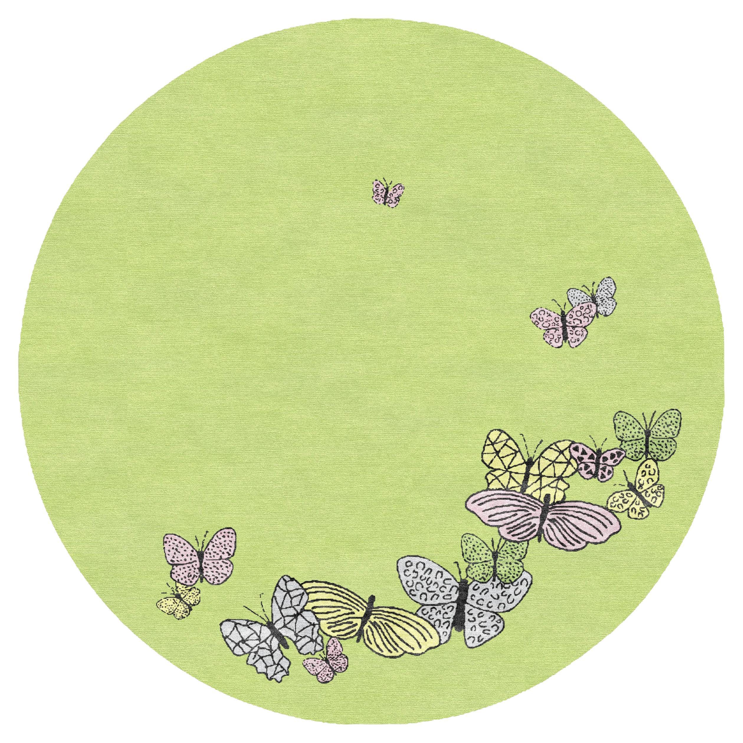 Luxuriöser runder handgeknüpfter nepalesischer Schmetterlingsteppich. Wolle und Seide. Limonengrün