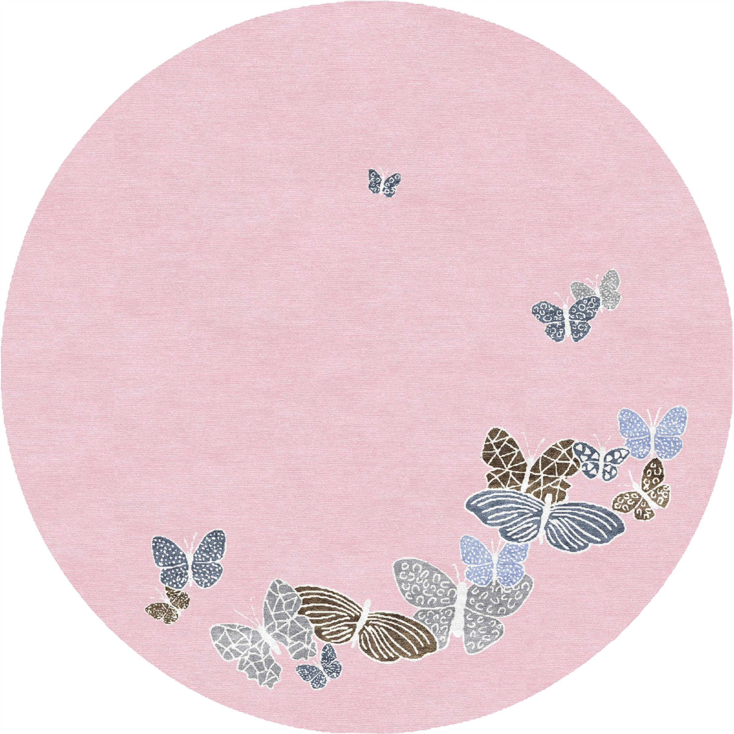 Lujosa alfombra nepalí redonda anudada a mano con forma de mariposa. Lana y seda. Rosa