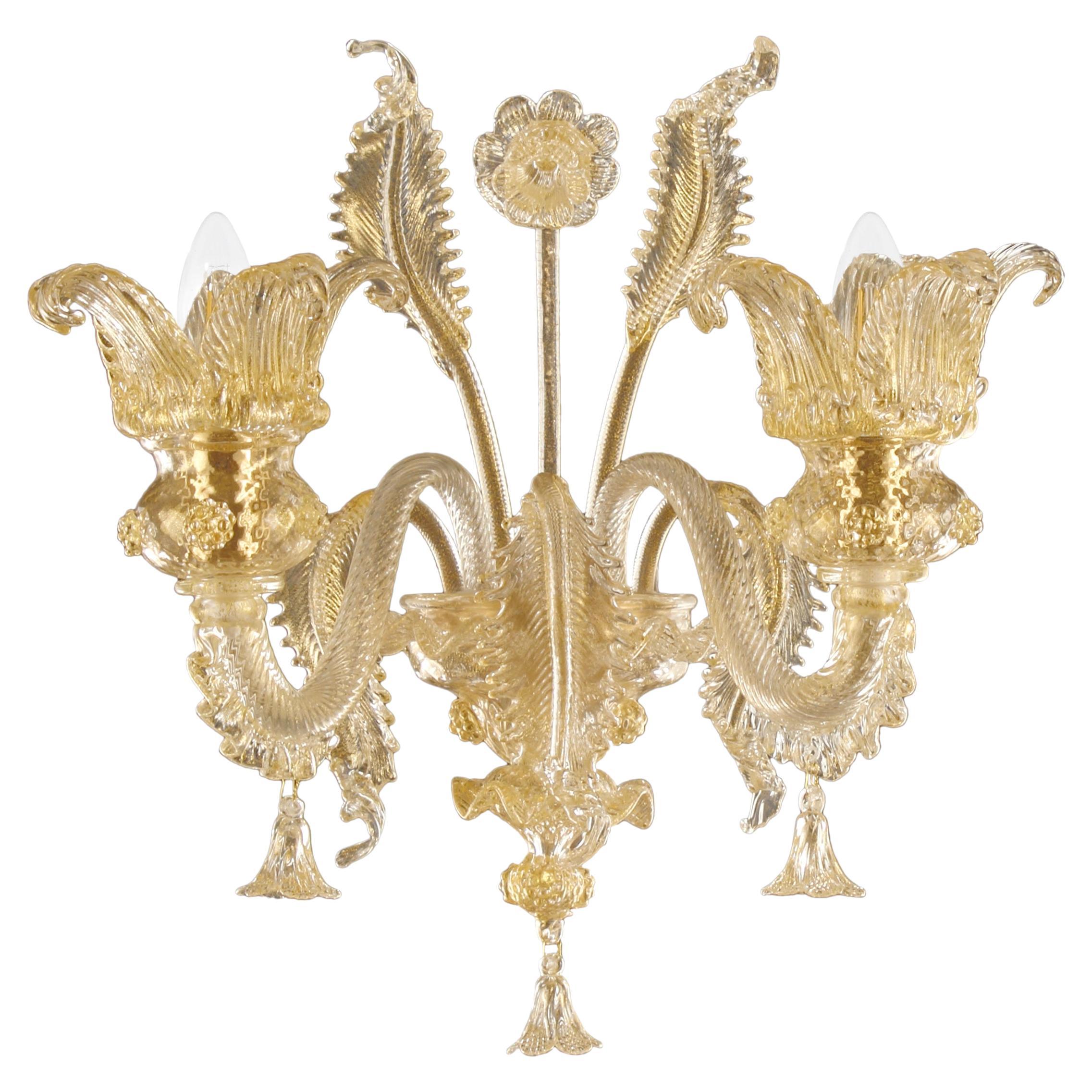 Luxury Sconce 2 Arms Golden Leaf Murano Glass by Multiforme in Stock For Sale