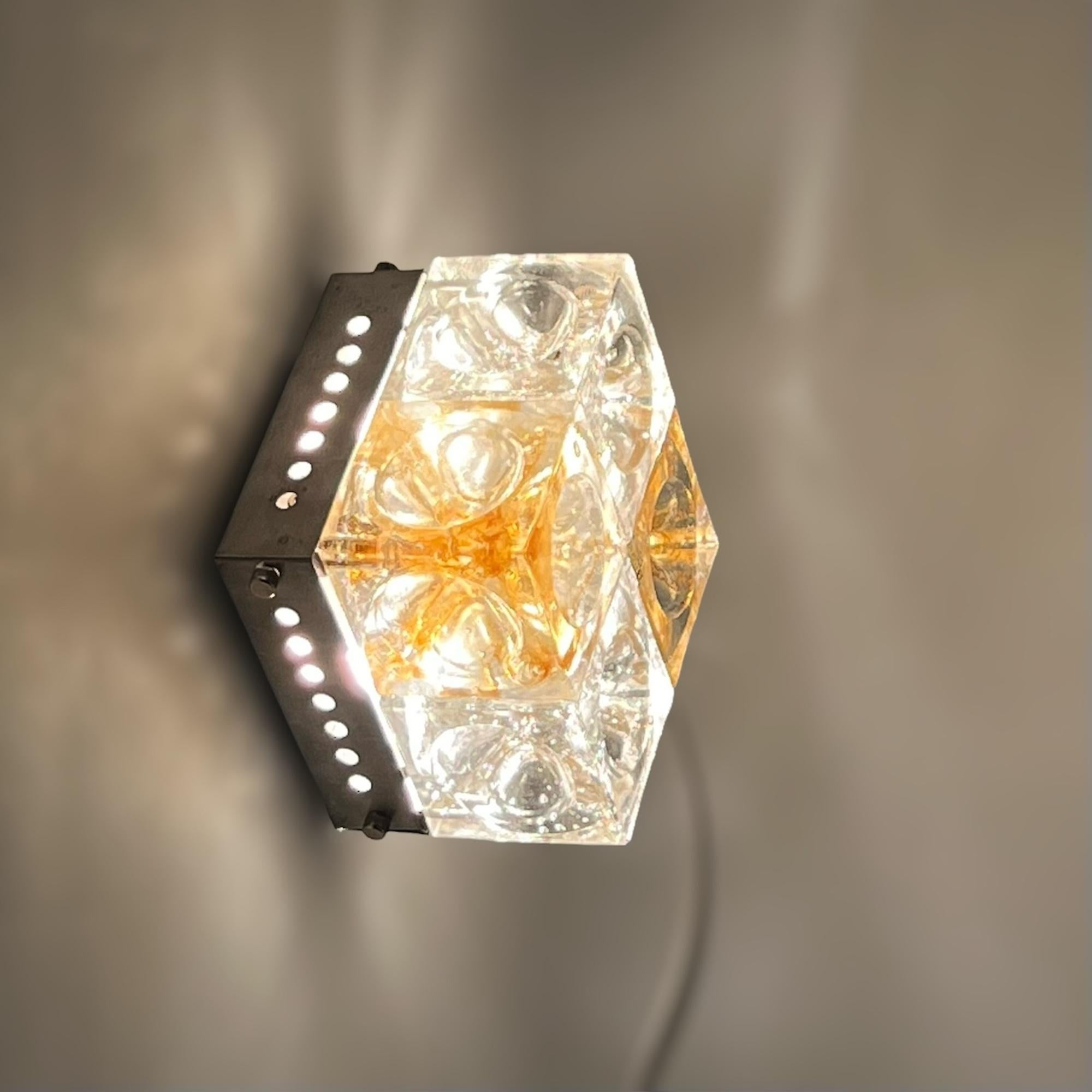 Metal Luxury Sconce Poliarte 'Denebe' - Handmade Amber Glass Light 1970s For Sale