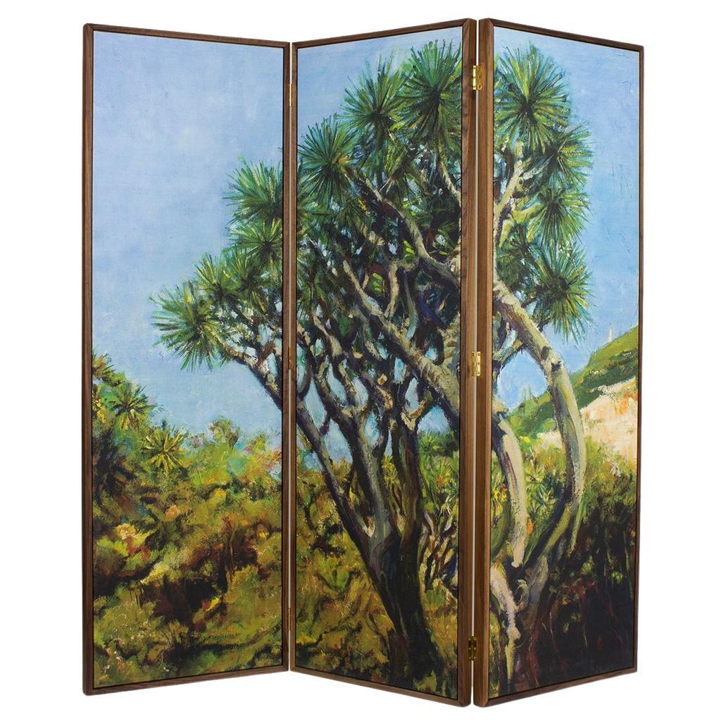 Luxury Screen Room Divider Linen Walnut or Oak Green Garden Artwork For Sale