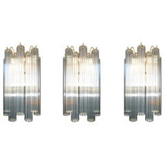 Luxury Set-3 Italian Modernist W 144 Glass Straw Tubes & Gilt Brass Wall Sconces