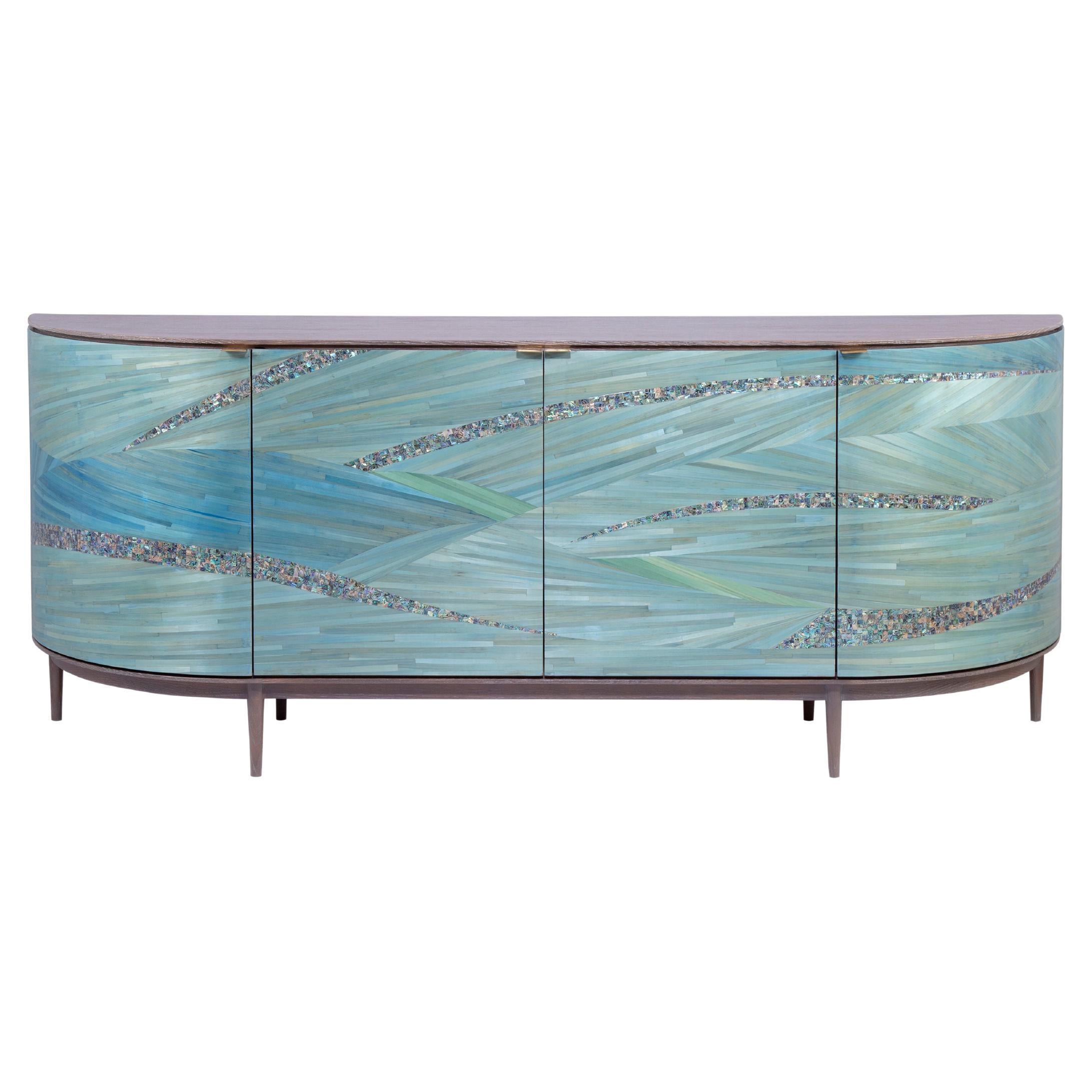 Luxury Sideboard with Rare Turquoise Mother of Pearl and Hand-Laid Blue Straw For Sale
