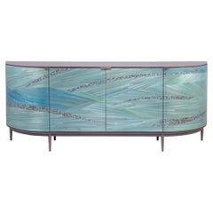 Luxury Sideboard with Rare Turquoise Mother of Pearl and Hand-Laid Blue Straw