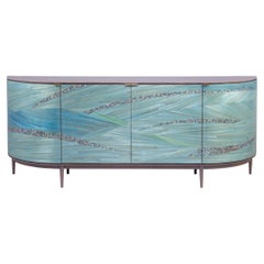 Luxury Sideboard mit seltenem türkisfarbenem Perlmutt und handgeflochtenem blauem Stroh