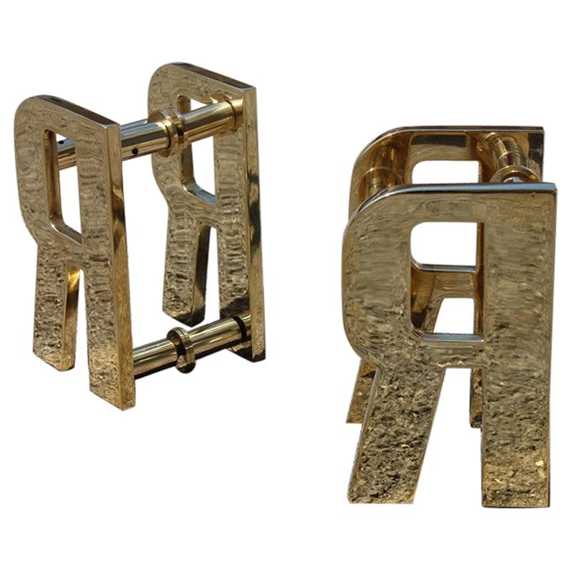Luxury Solid Brass Handles Italian Design 1970s with Letter R Bright Gold For Sale