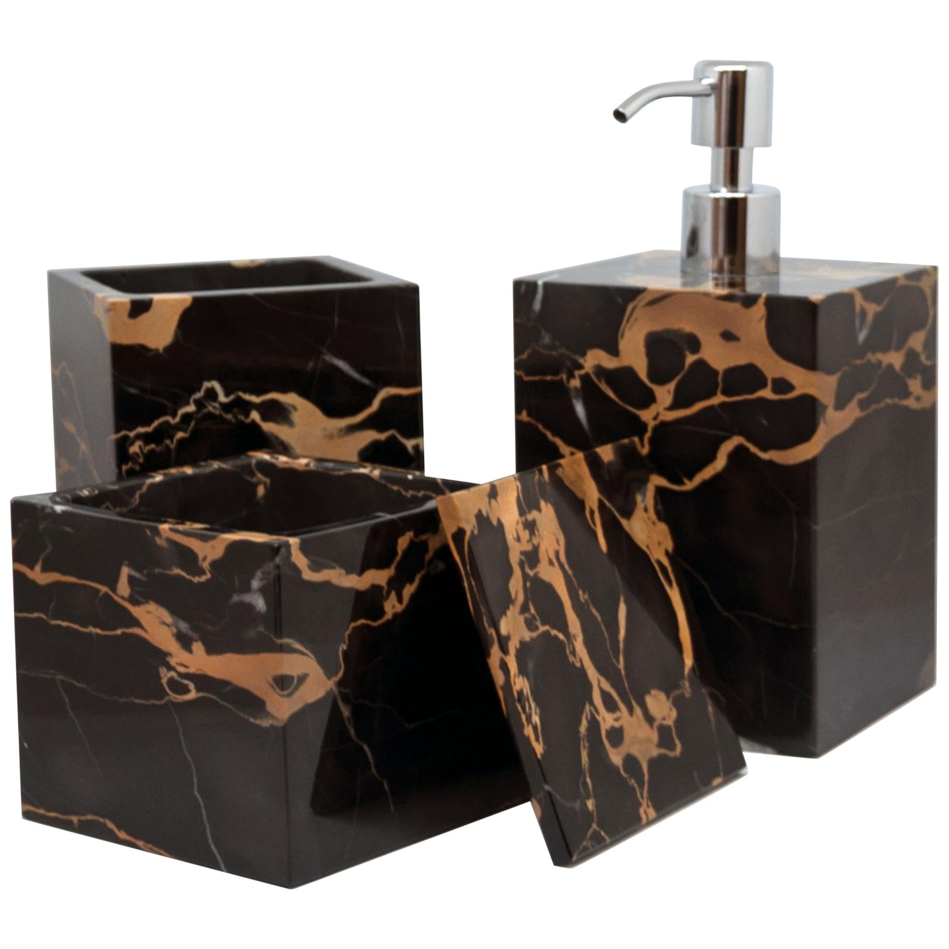 A luxury squared toothbrush holder in the rare and beautiful Portoro marble characterised by black color base and golden natural veins. Toothbrush holder size 8,5 x 8,5 x 12,5 cm.
Each piece is unique (since each marble block is different in veins