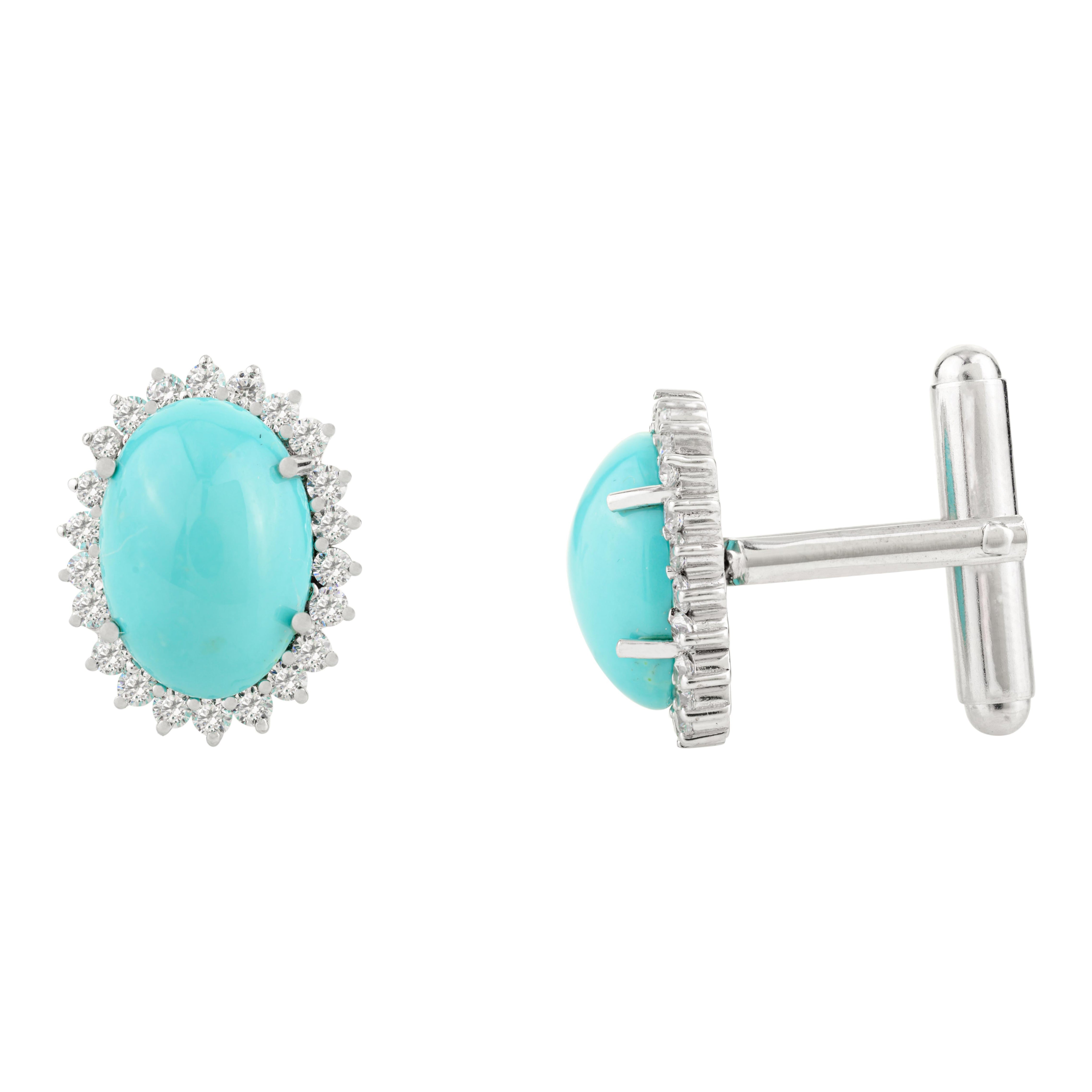 Boutons de manchette de luxe en argent sterling pour hommes avec zircon et turquoise