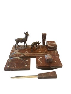 Luxury Swedish Art Deco Red Marble & Bronze Desk Set, 1920s