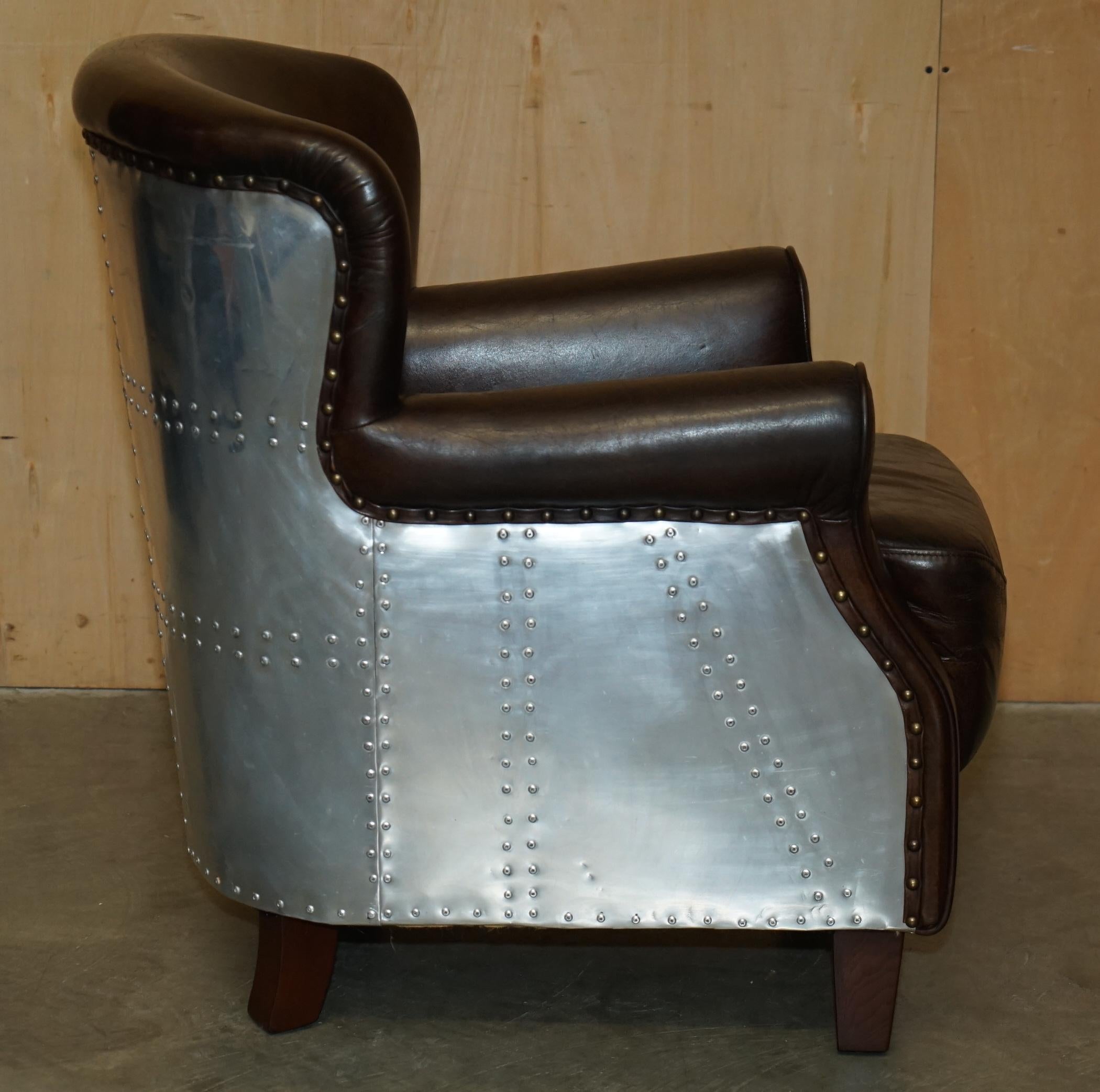 LUXURY TIMOTHY OULTON HAND DYED BROWN LEATHER METAL RIVETED AVIATOR ARMCHAiR For Sale 3