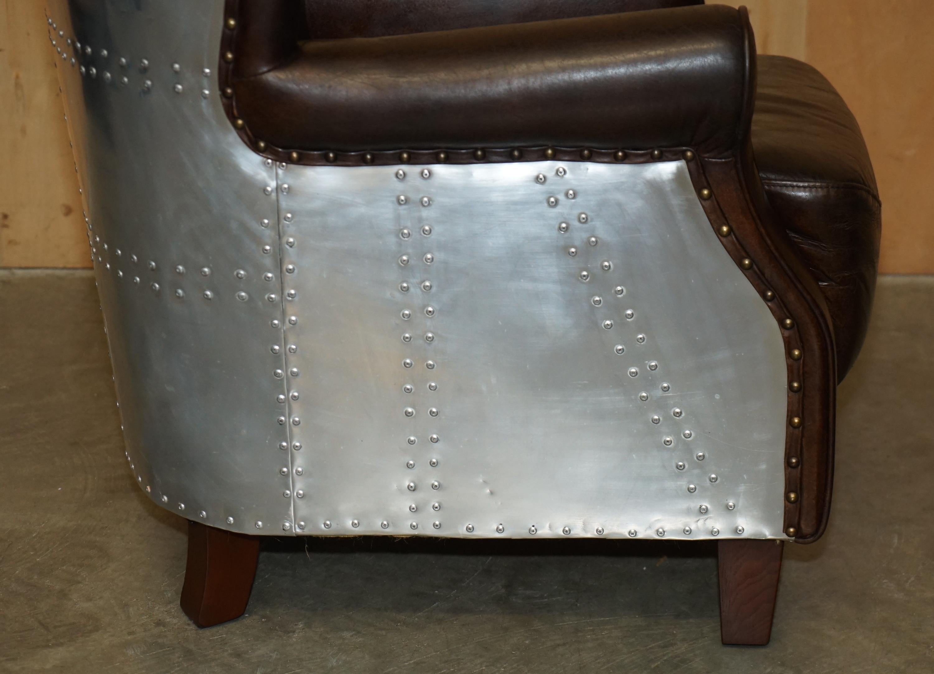 LUXURY TIMOTHY OULTON HAND DYED BROWN LEATHER METAL RIVETED AVIATOR ARMCHAiR For Sale 4