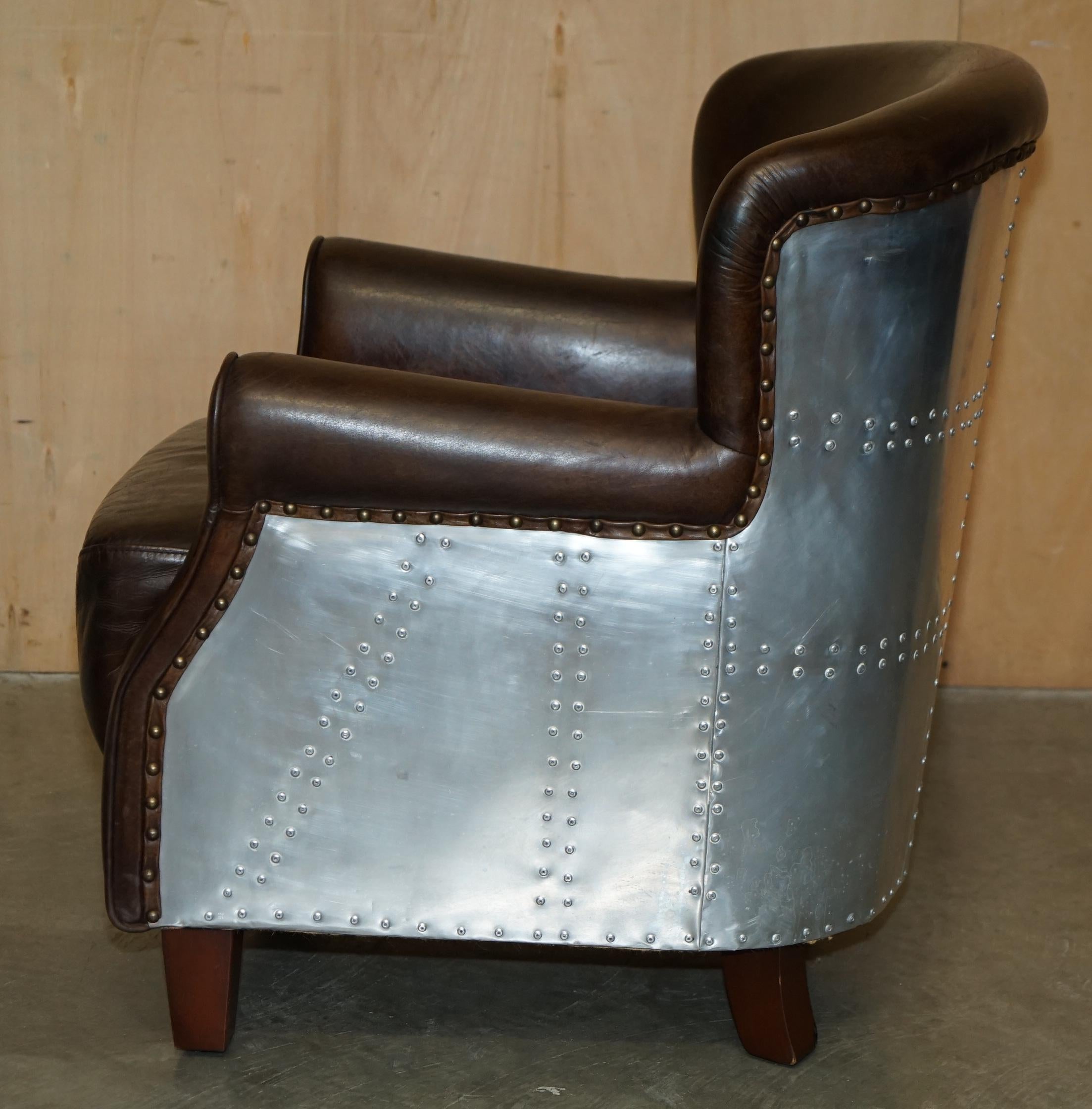 LUXURY TIMOTHY OULTON HAND DYED BROWN LEATHER METAL RIVETED AVIATOR ARMCHAiR For Sale 8