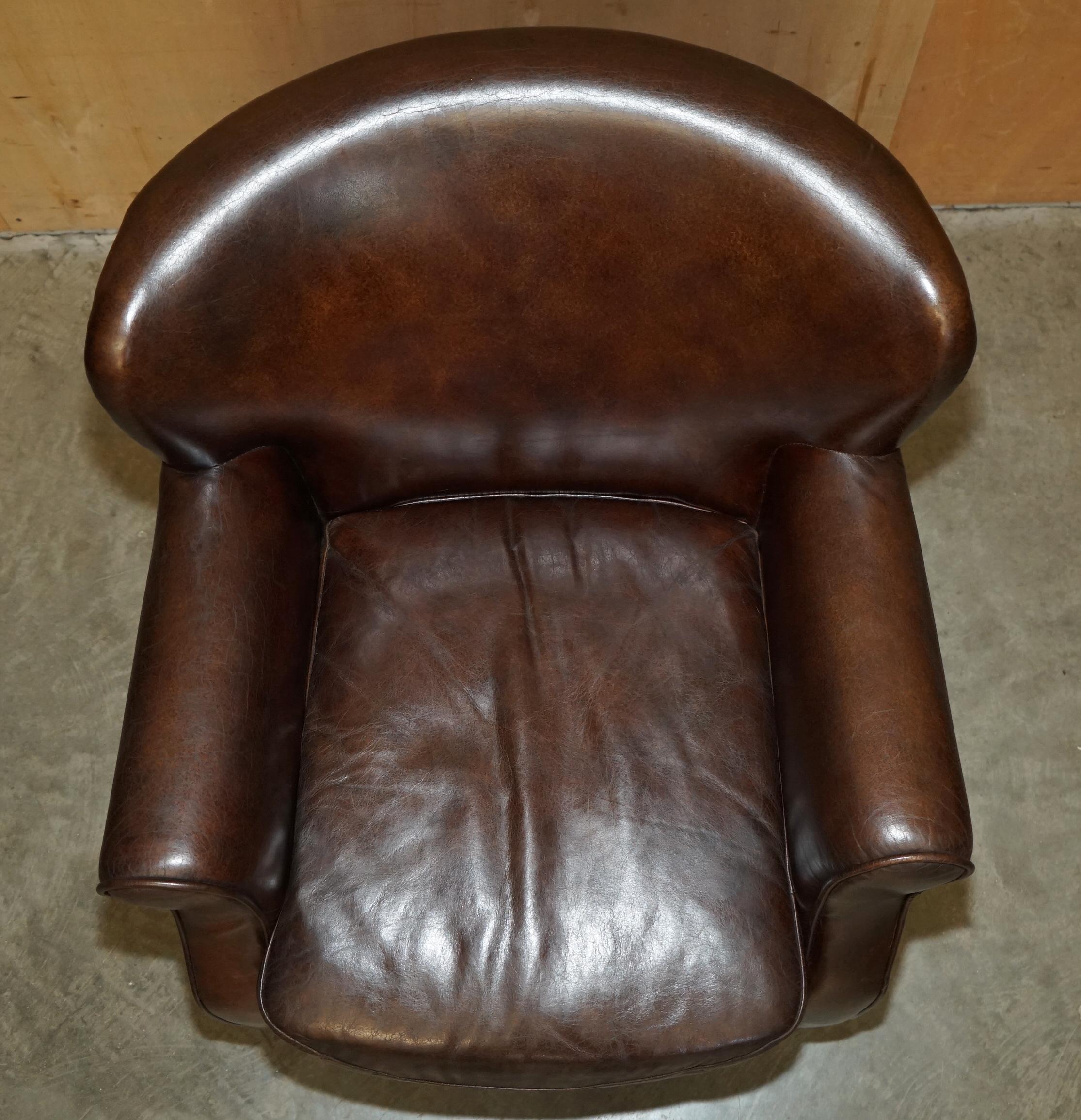 English LUXURY TIMOTHY OULTON HAND DYED BROWN LEATHER METAL RIVETED AVIATOR ARMCHAiR For Sale
