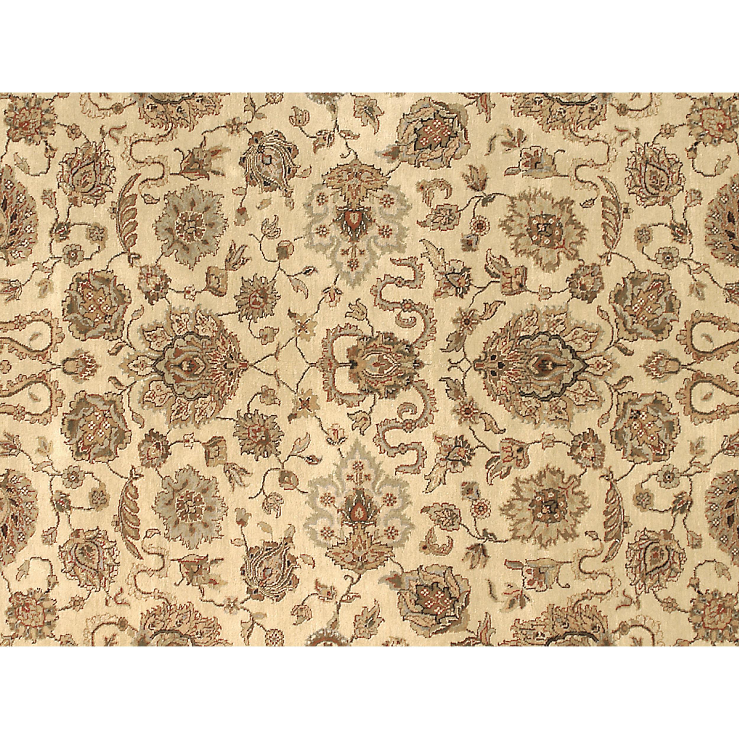 Indian Luxury Traditional Hand-Knotted Agra Cream and Olive 12x18 Rug For Sale