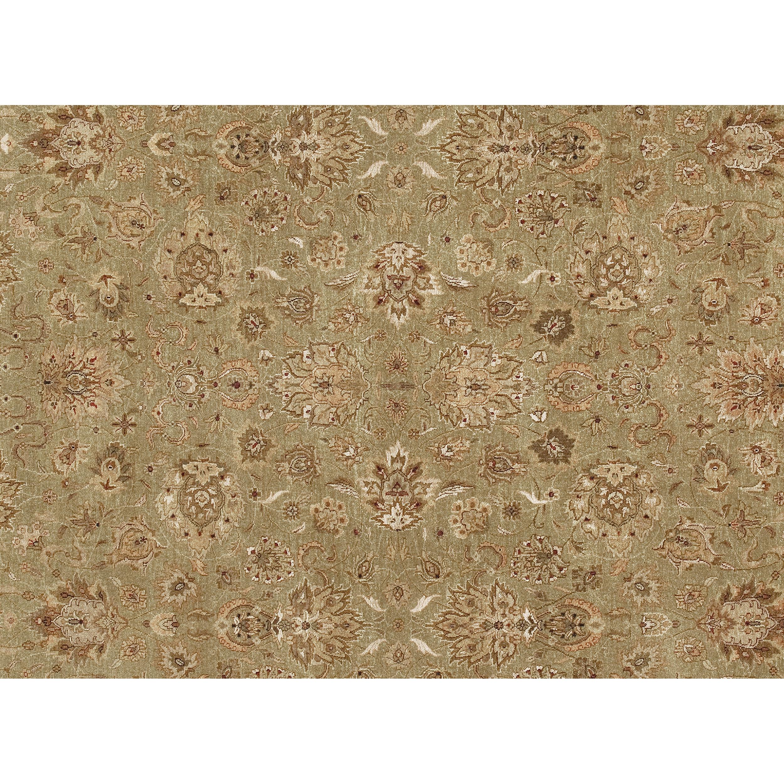 Indian Luxury Traditional Hand-Knotted Agra Light Green & Ivory 12x15 Rug For Sale