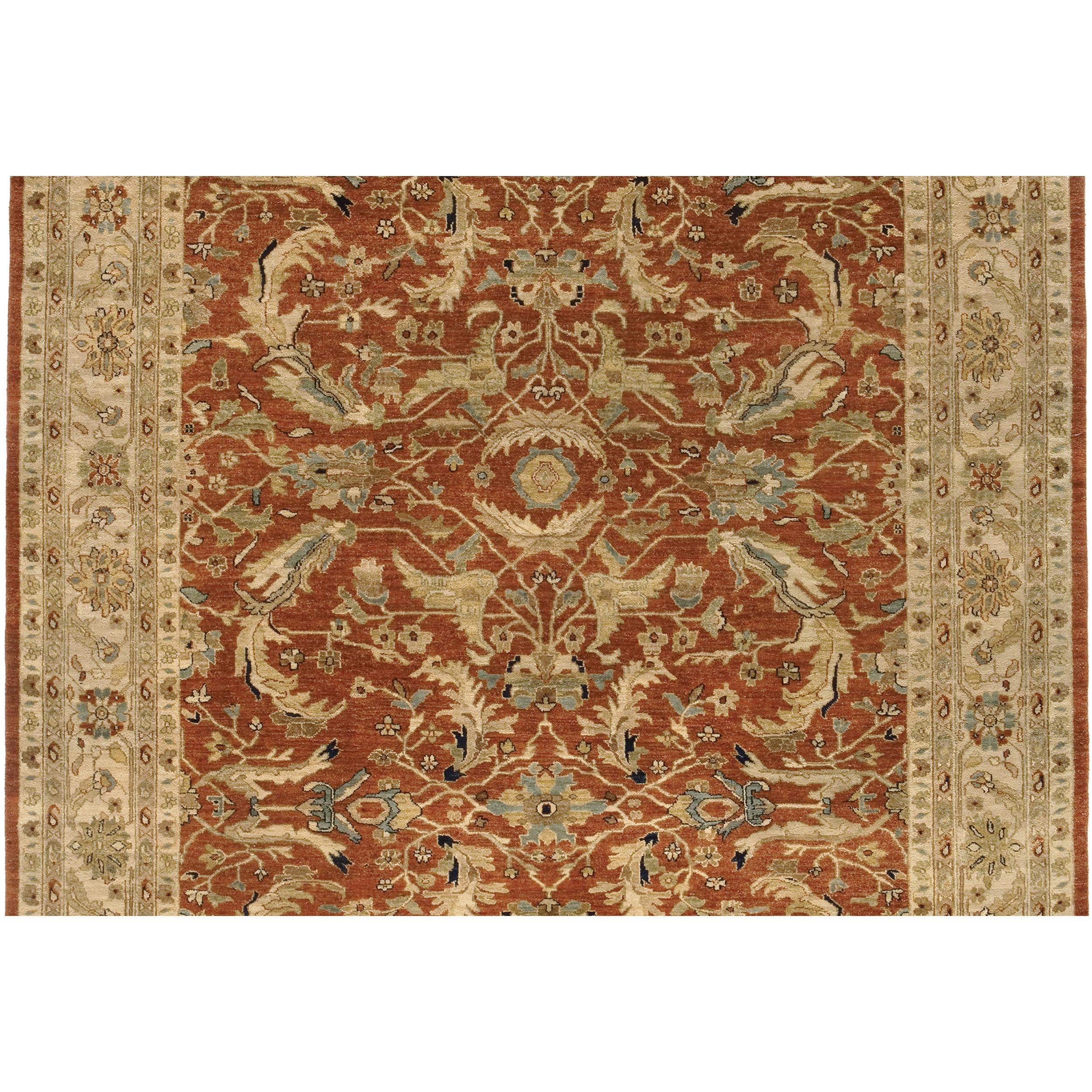 Indian Luxury Traditional Hand-Knotted Brick/Cream 12x15 Rug For Sale