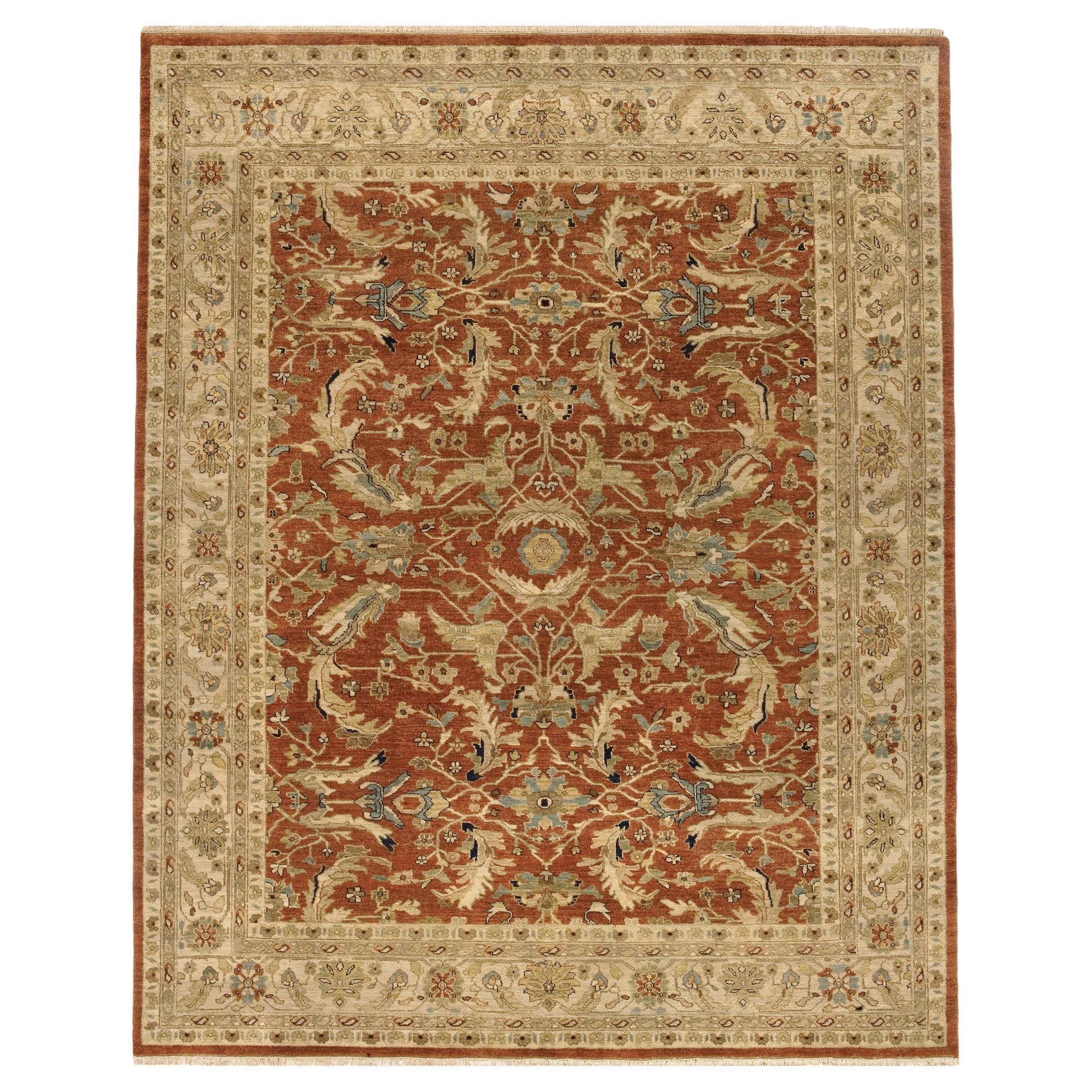 Tapis traditionnel de luxe noué à la main en brique/crème 14x28 en vente